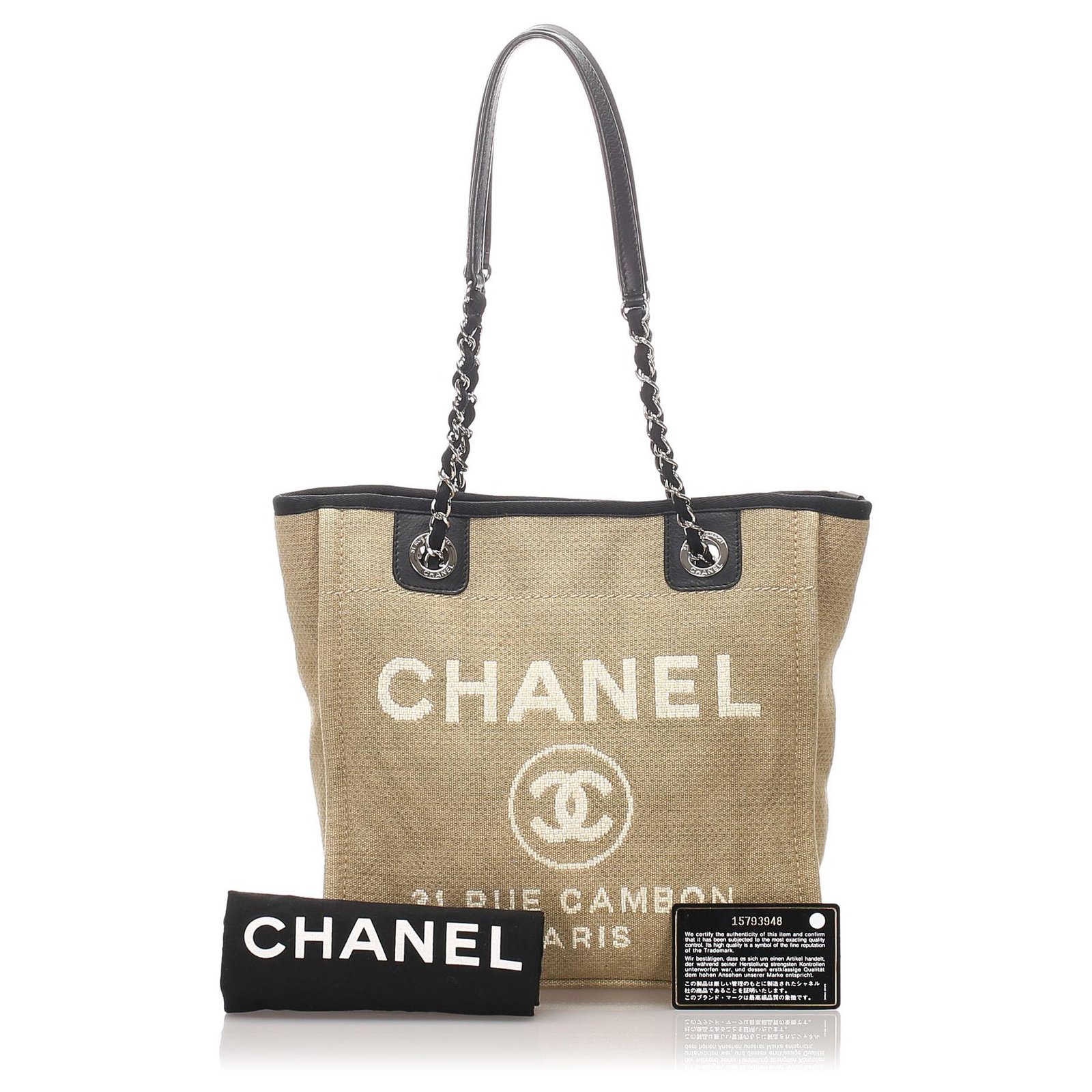 Chanel Brown Small Deauville Tote Black Beige Leather Cloth Pony-style ...