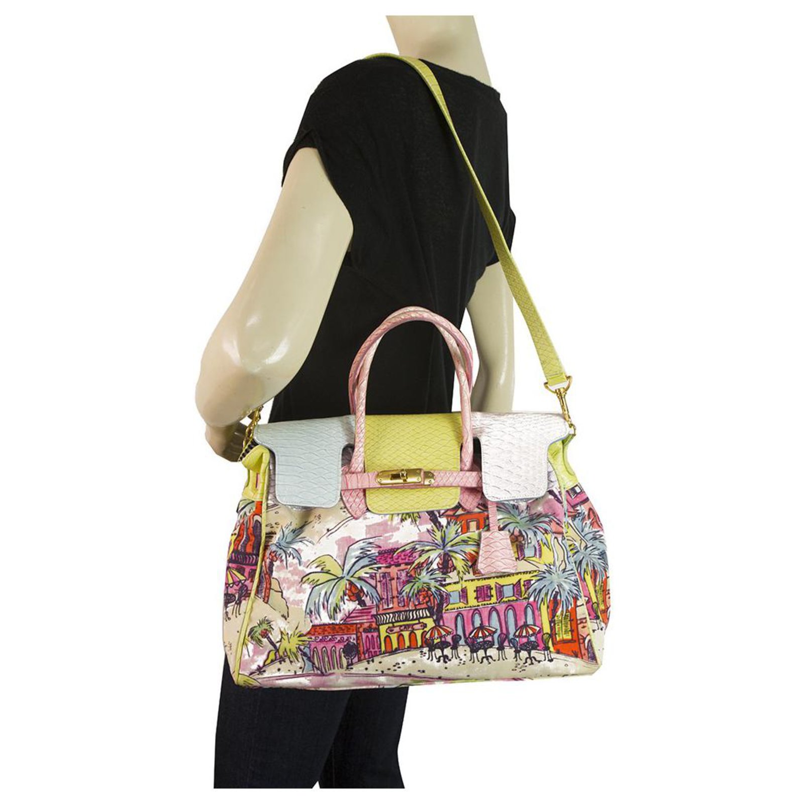 Autre Marque Beverly Feldman Multicolor Paint Canvas Shopper Shoulder Bag  Handbag w. PADLOCK Multiple colors Cloth ref.194522 - Joli Closet