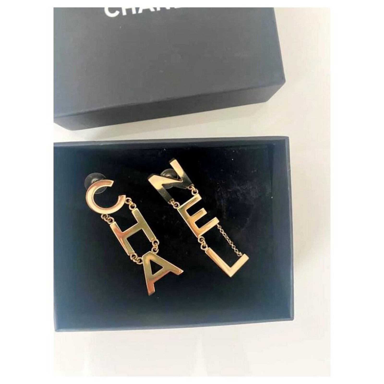 Black Enamel, Gold Metal, and Imitation Pearl CC Oval Drop Earrings, 2017