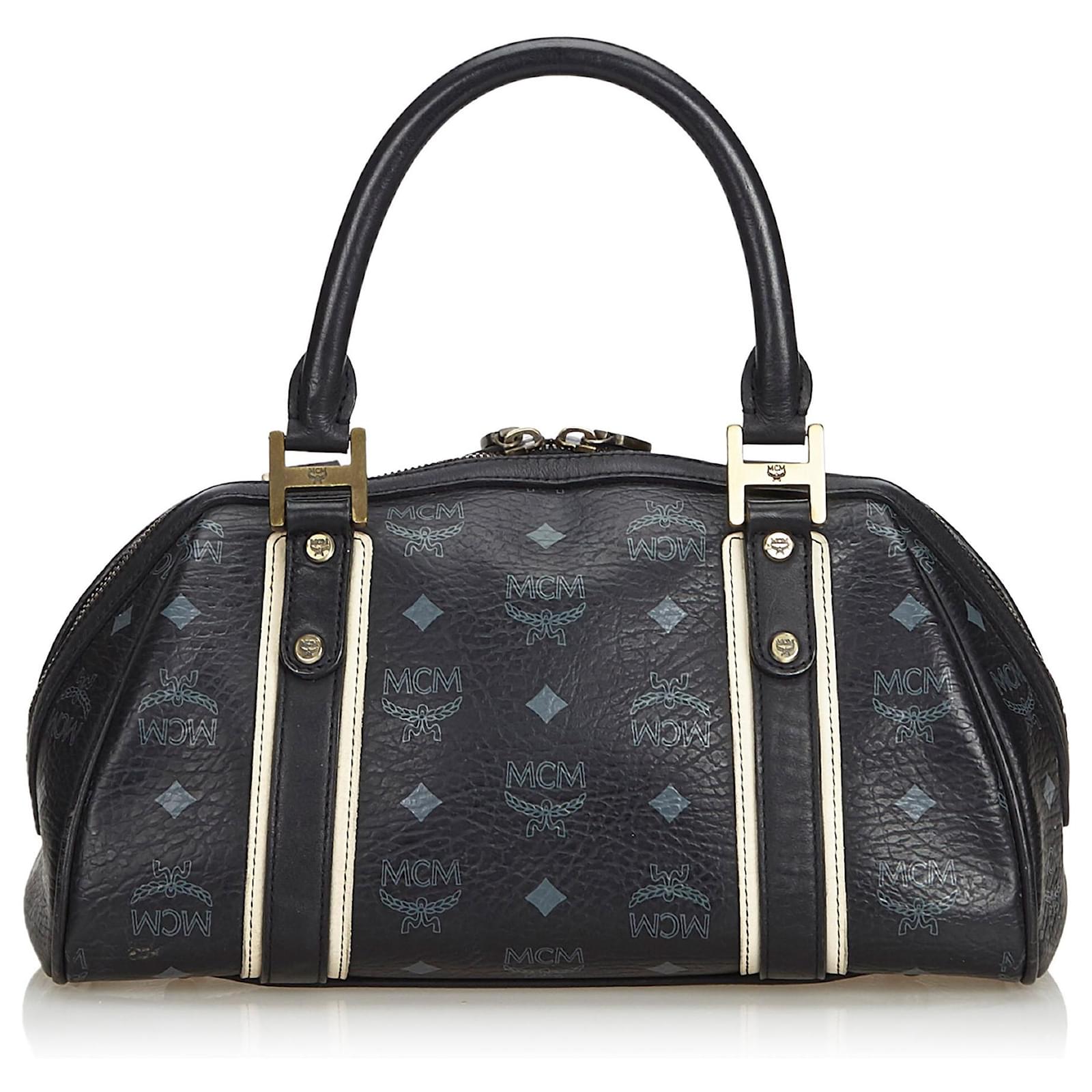 Sac ?� main MCM Visetos en cuir noir Blanc ref.195408 - Joli Closet