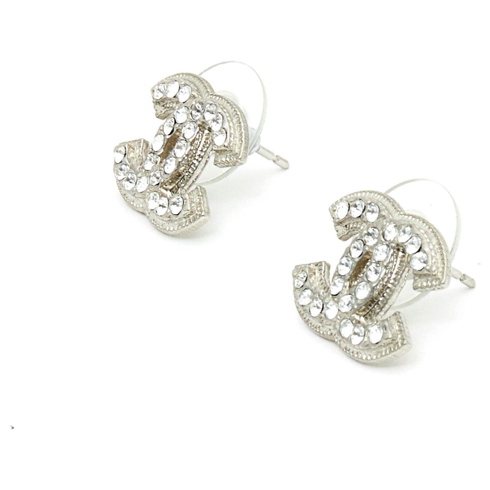 Chanel Silver Smoked Crystals CC Stud Earrings Silvery Metal ref