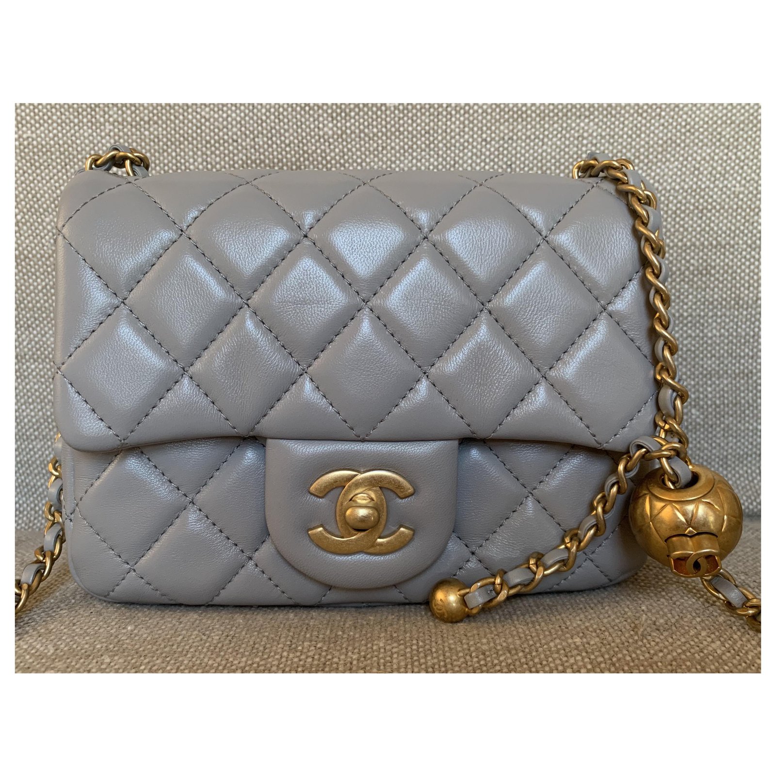 Chanel 22C Mini Square Flap Bag Lambskin Light Grey LGHW