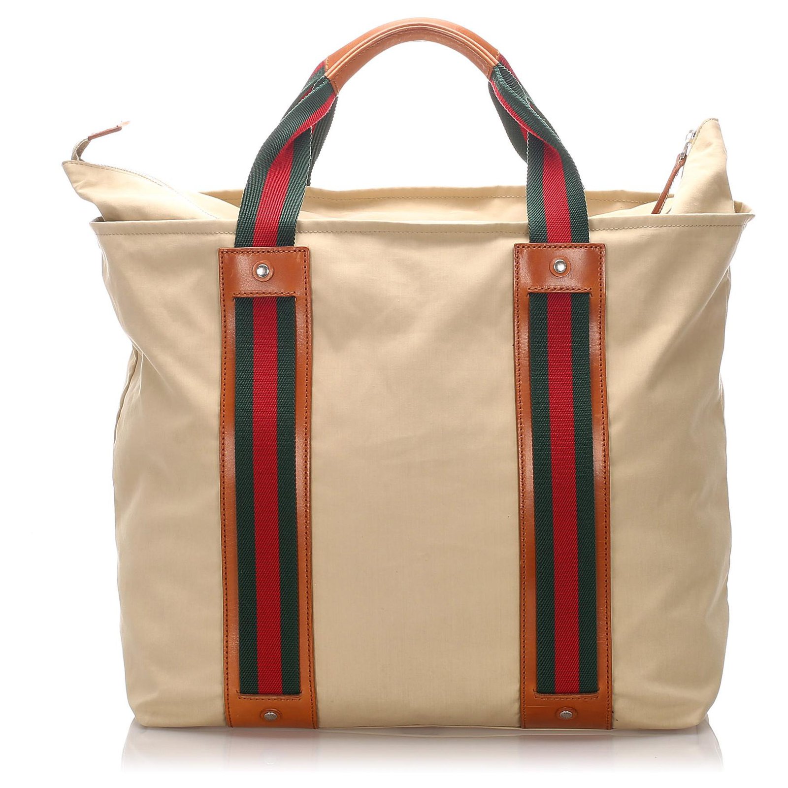 Vintage Gucci Tote Bag Web Nylon Handbag Beige