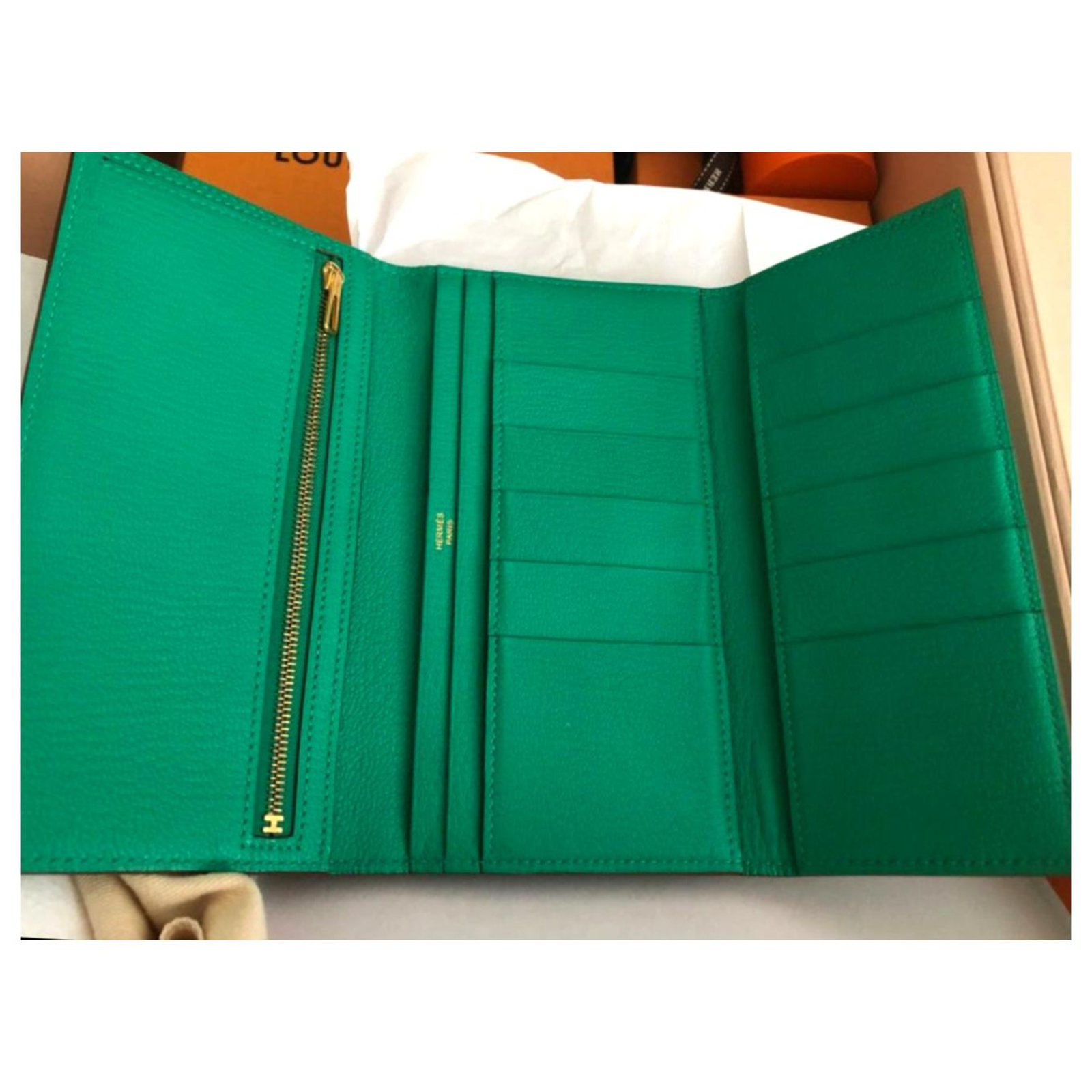 Béarn Hermès Hermes Bearn Tri-fold long wallet Green Leather ref.198052 ...