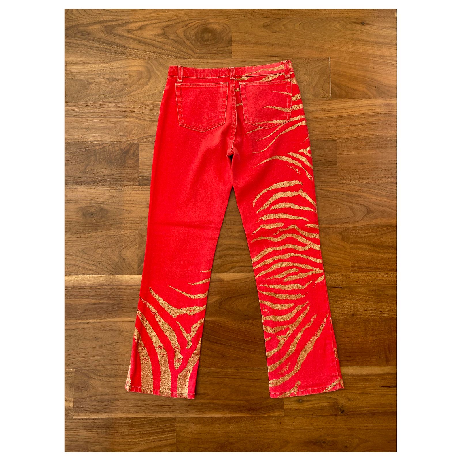 Jean Vintage Roberto Cavalli Rouge à Paillettes Dorées - Taille S/M, Coupe Droite, En Parfait état