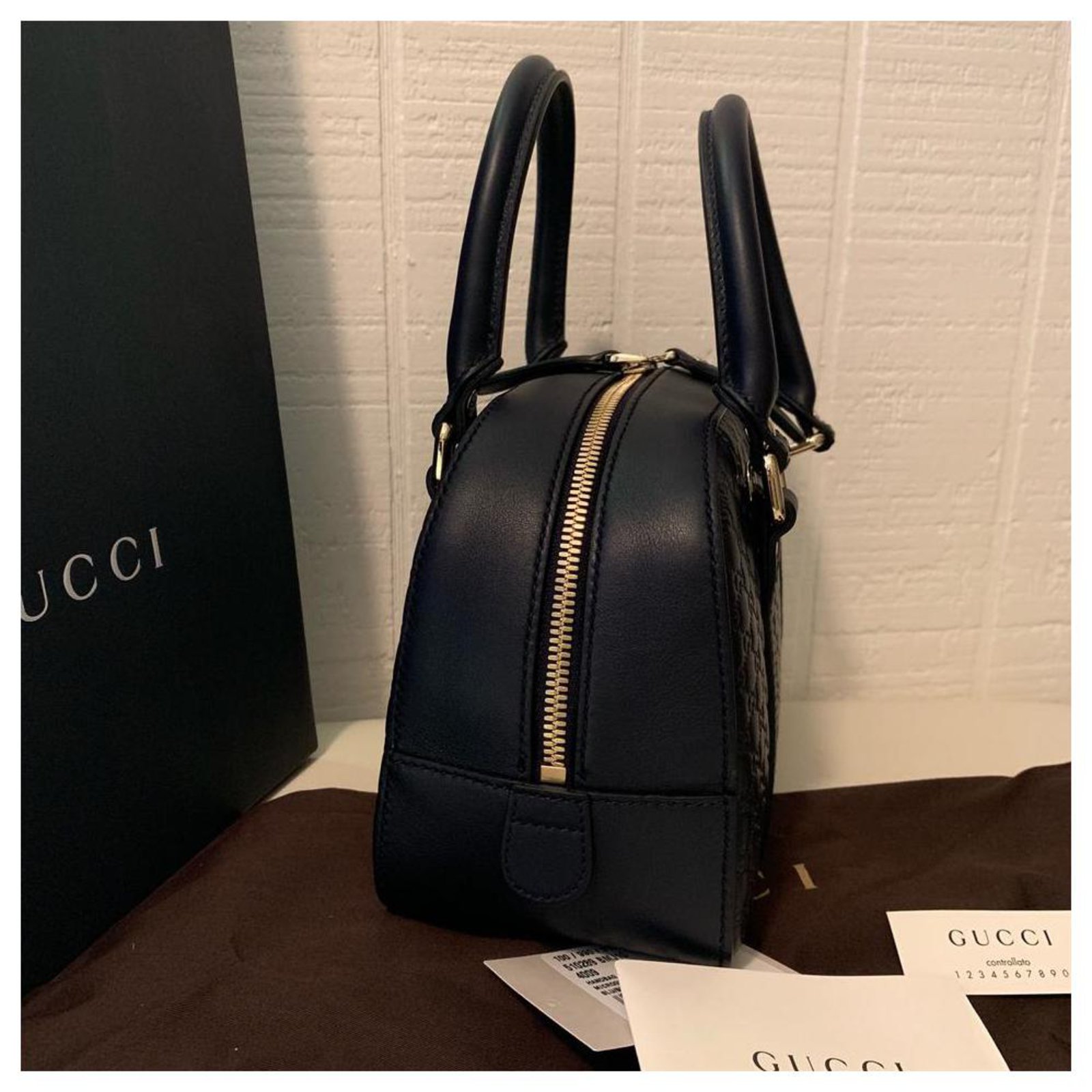 Gucci Boston small micro Guccissima bag. Dark blue Leather ref