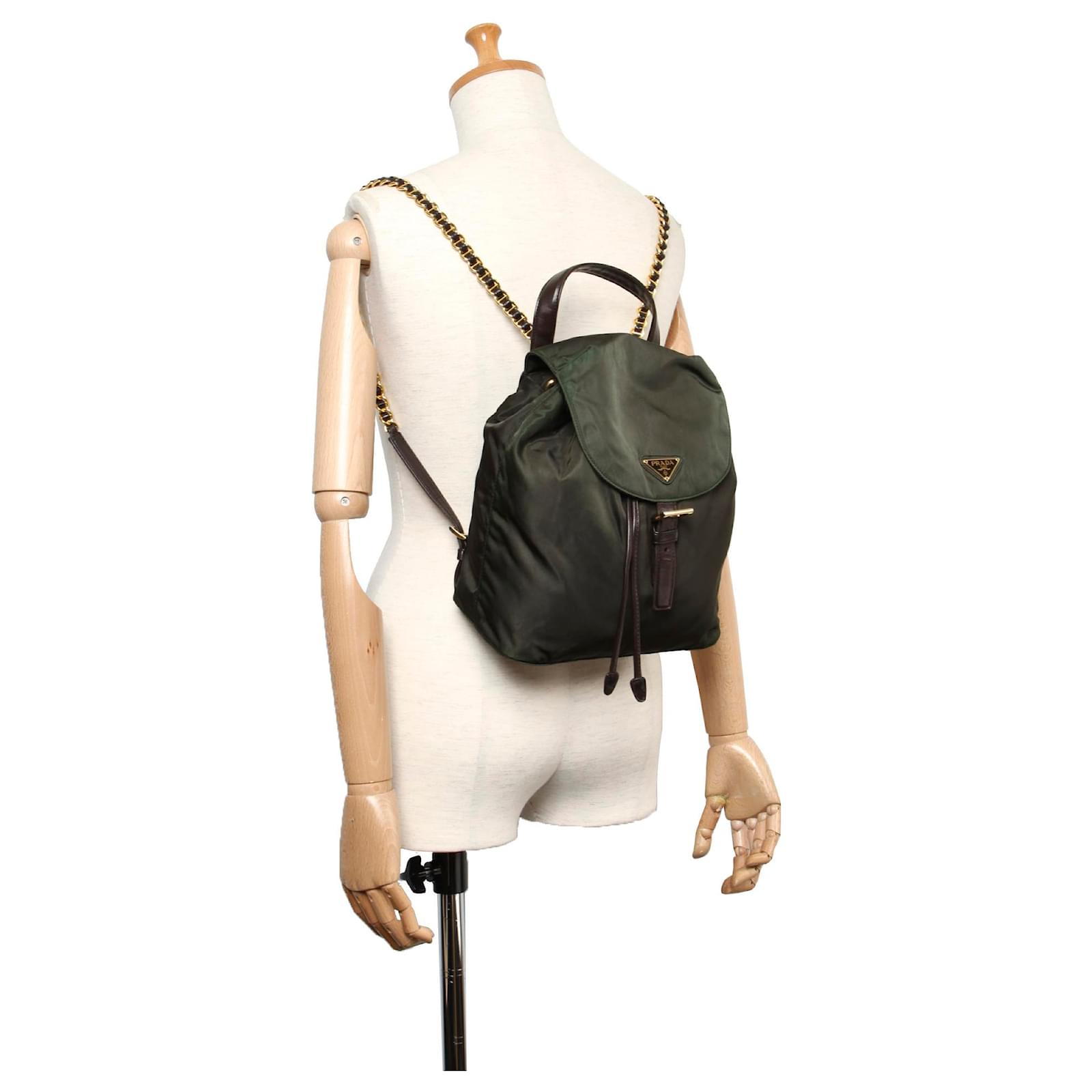 PRADA（プラダ） Prada Green Tessuto Chain Drawstring Backpack Black Dark