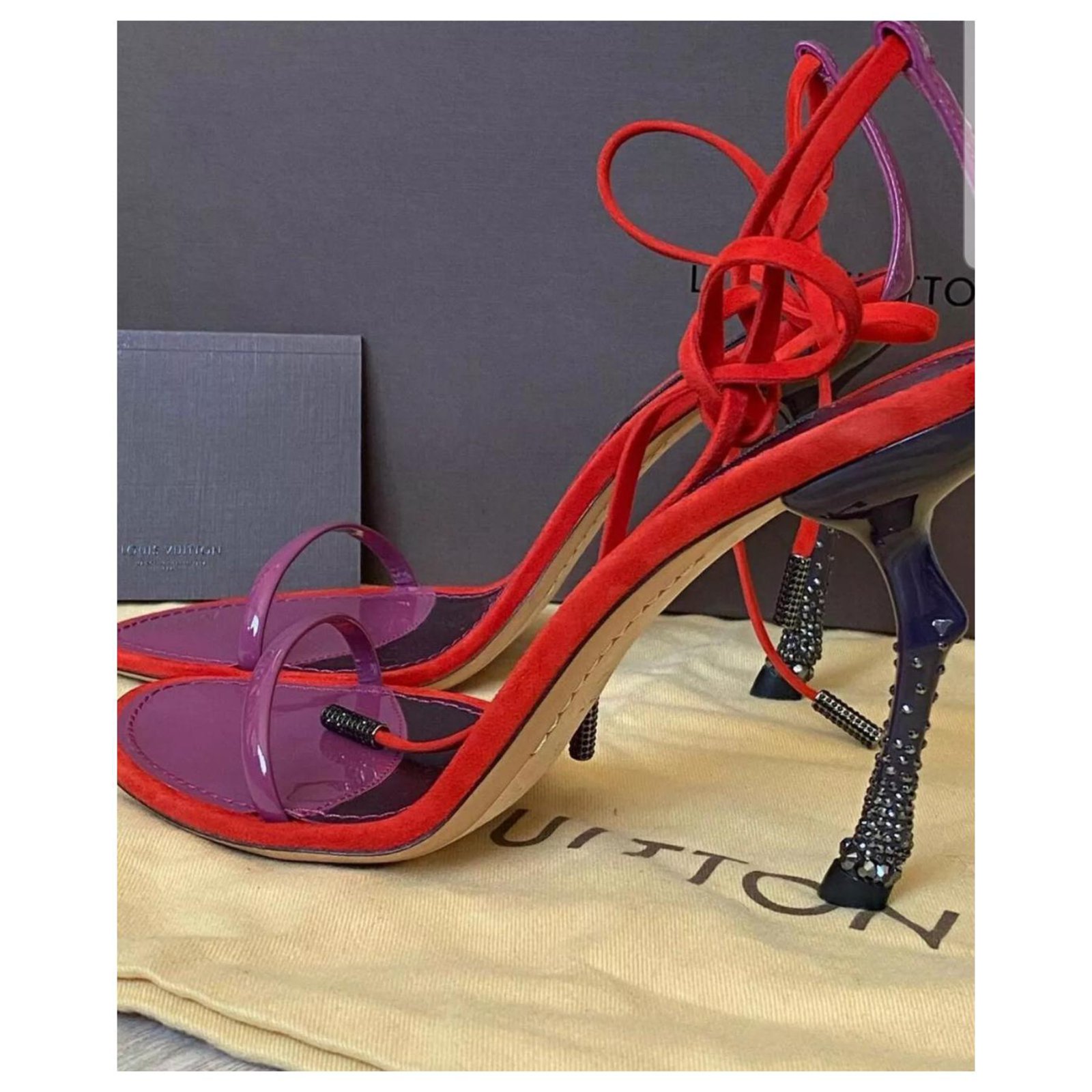 NWB Louis Vuitton strappy Horse Leg Heels sandals Sz 37,5 Red Multiple  colors Leather ref.200420 - Joli Closet