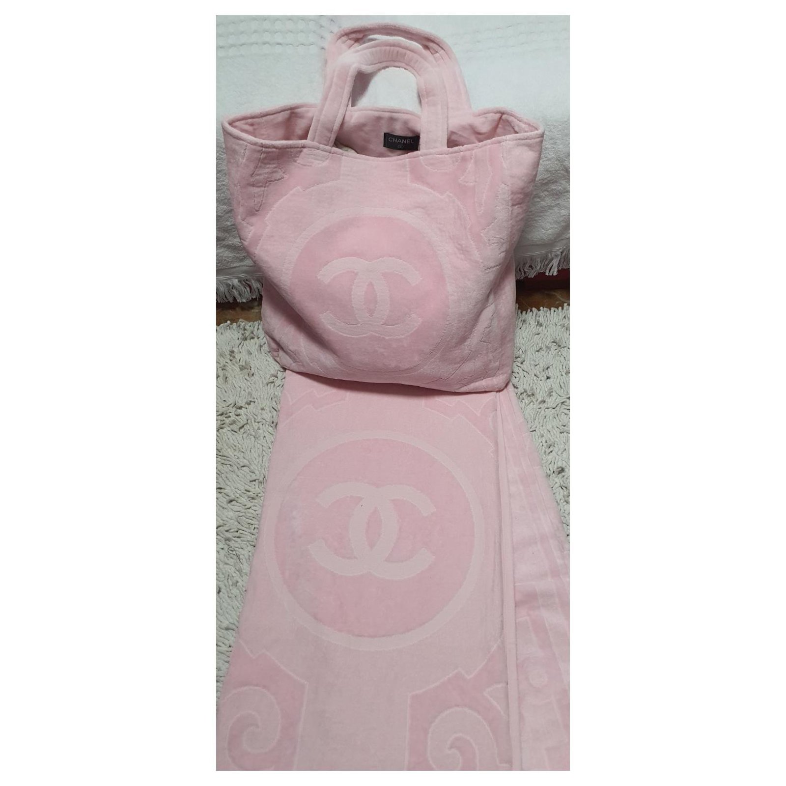 Chanel beach tote + towel Pink Cotton ref.203393 - Joli Closet