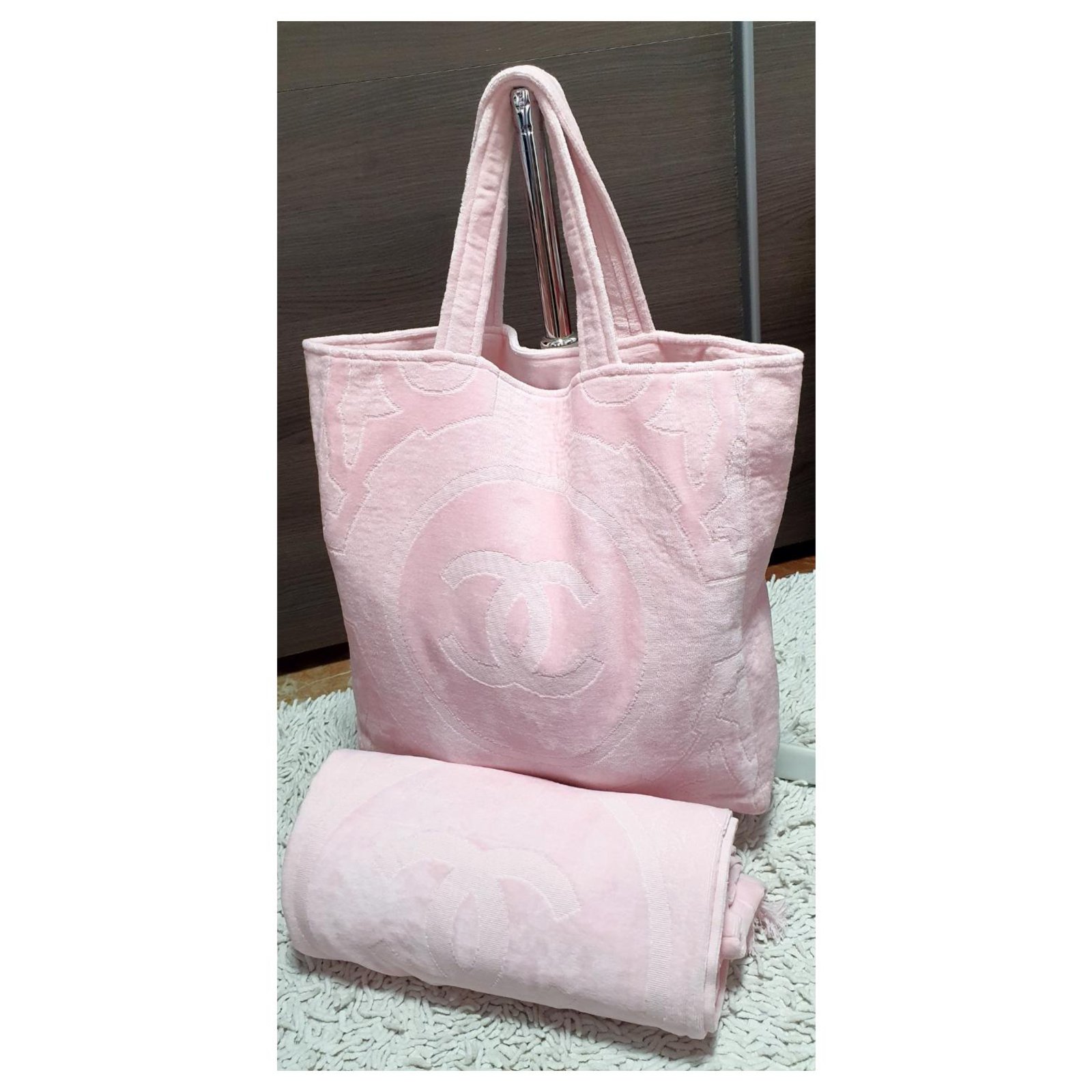 CHANEL Terry Cotton Quilted Coco Beach Shopping Tote Pink 1271634