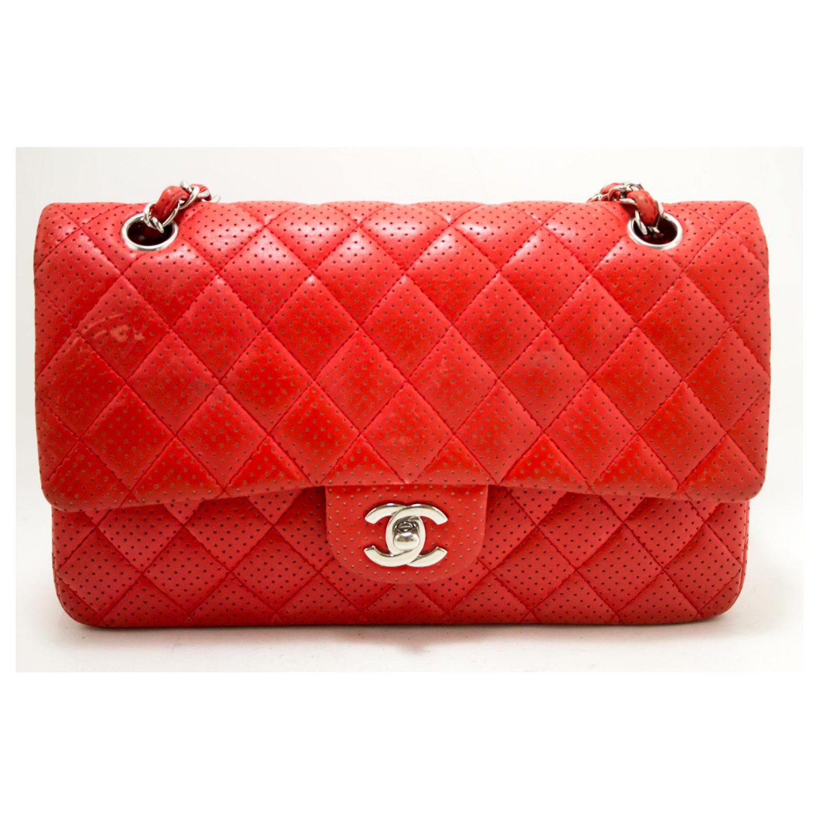 CHANEL Red Punching Leather lined Flap Chain Shoulder Bag Quilted