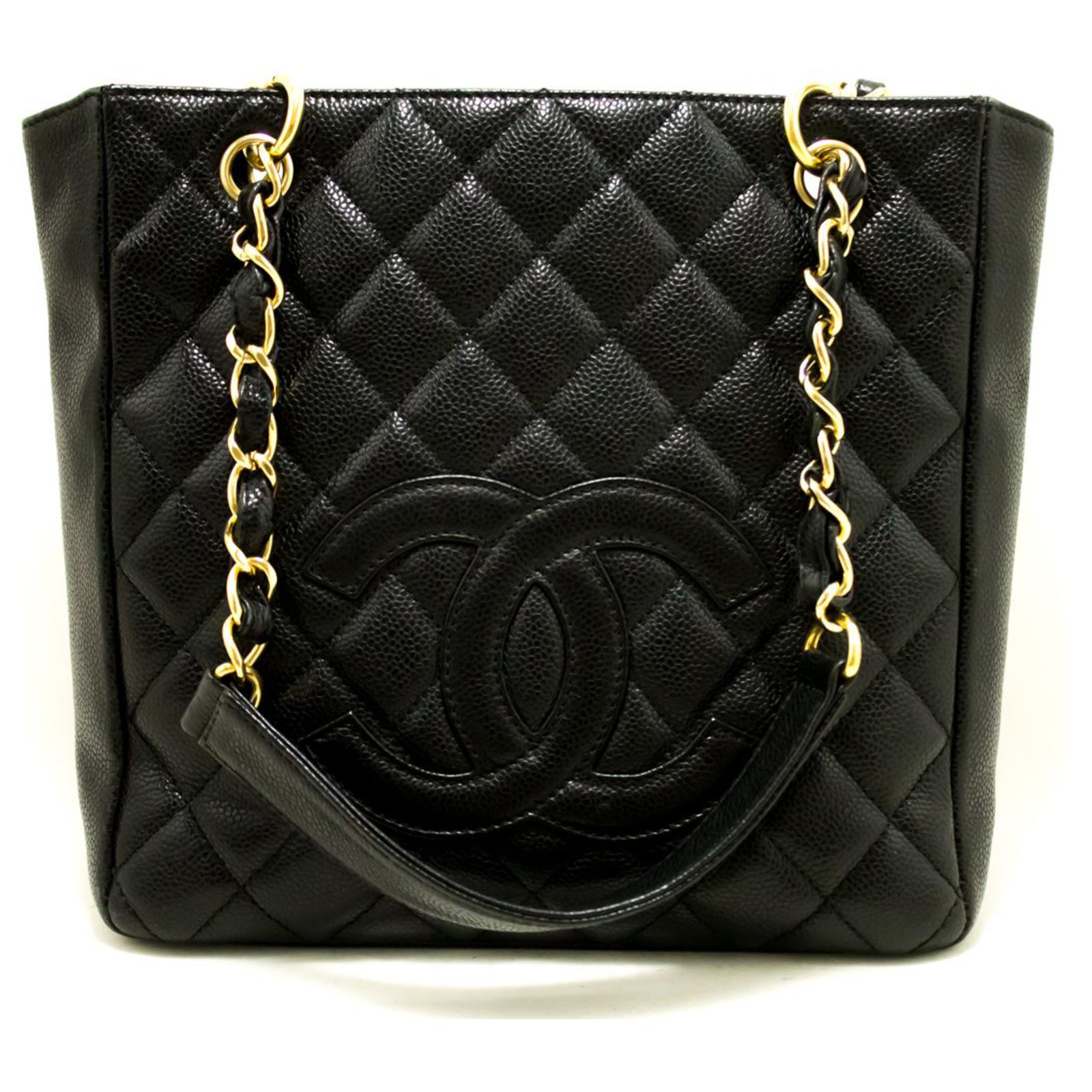 CHANEL Caviar PST Chain Shoulder Bag Shopping Tote Black Quilted ...