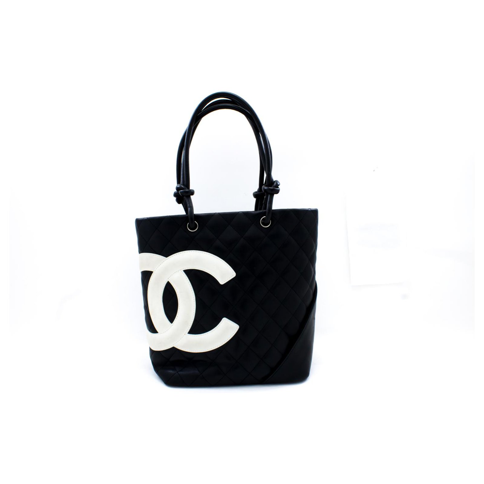 CHANEL Cambon Tote Small Shoulder Bag Black White Quilted calf