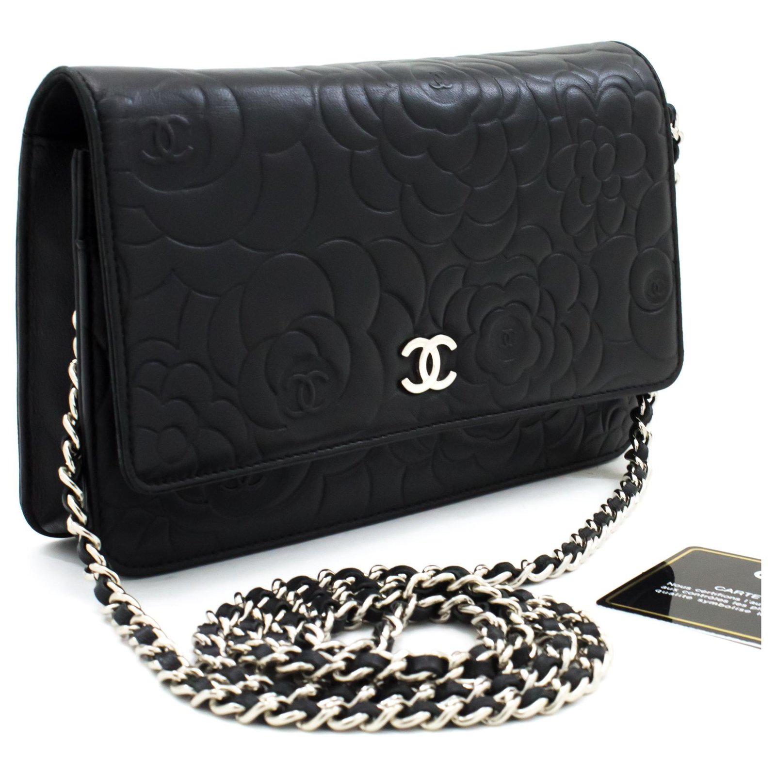 CHANEL Black Camellia Embossed Wallet On Chain WOC Shoulder Bag Leather