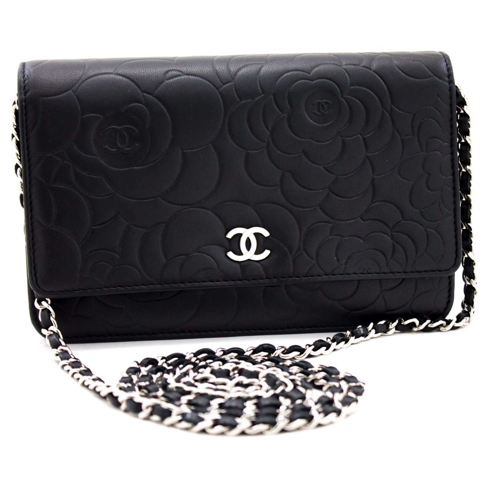 CHANEL Black Camellia Embossed Wallet On Chain WOC Shoulder Bag