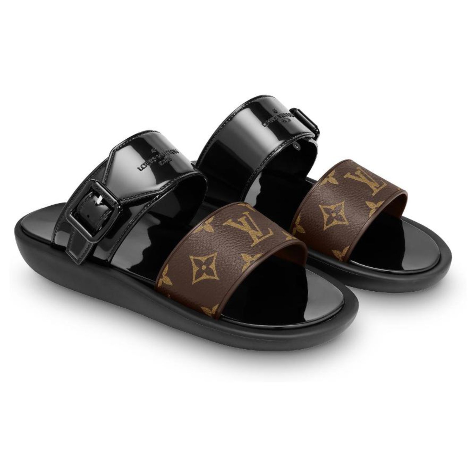 Louis Vuitton Women's Sunbath Flat Mule Sandals Monogram Canvas and Patent  Black 2167451