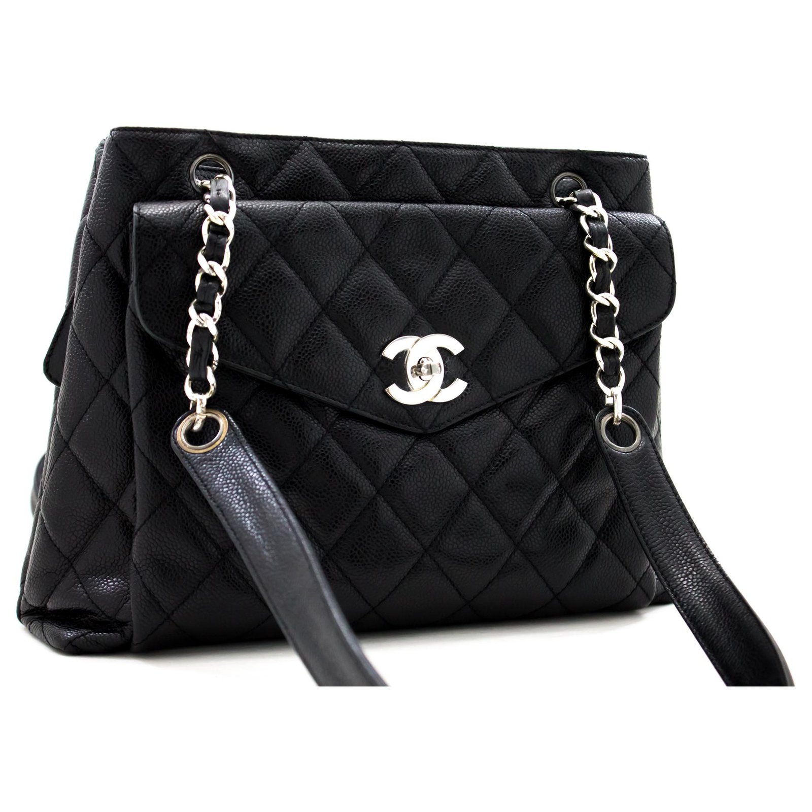Pre-owned Chanel Caviar Chain Shoulder Bag Black Quilted Leather Silver Zip