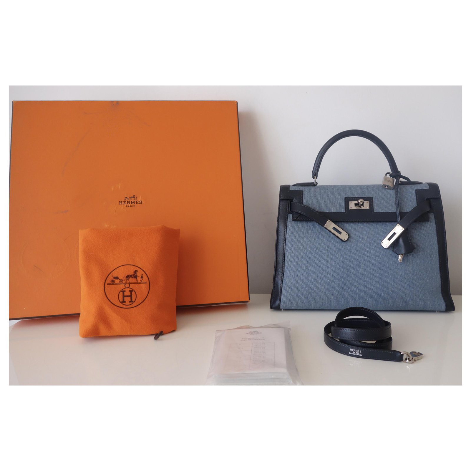 Hermès Hermes Kelly bag 32 Blue Navy blue Leather Cloth ref.205639