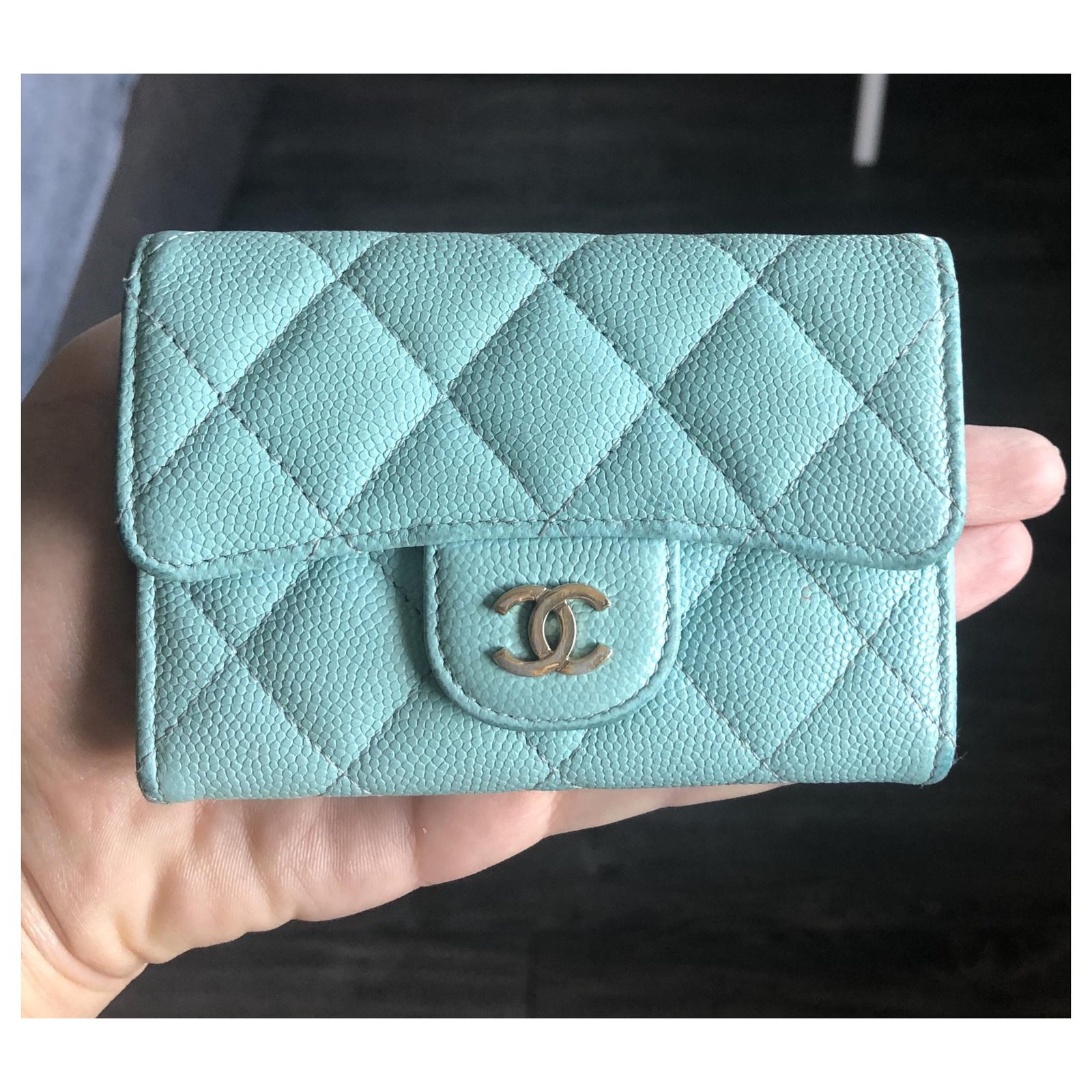 CHANEL 19C Tiffany Blue Caviar XL Card Holder Wallet *New