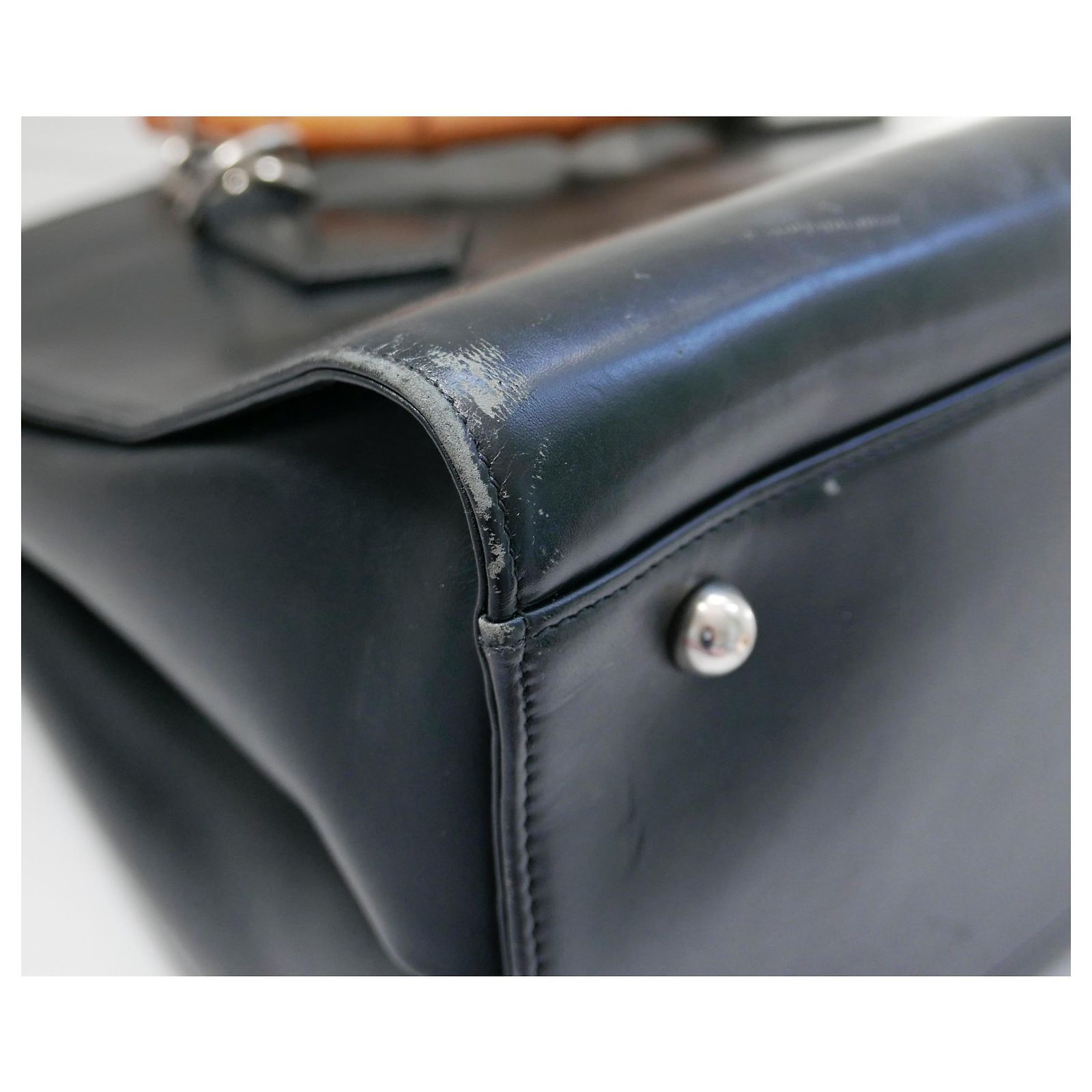 Comme Des Garcons Bamboo Handle Tote Bag Black Leather ref 