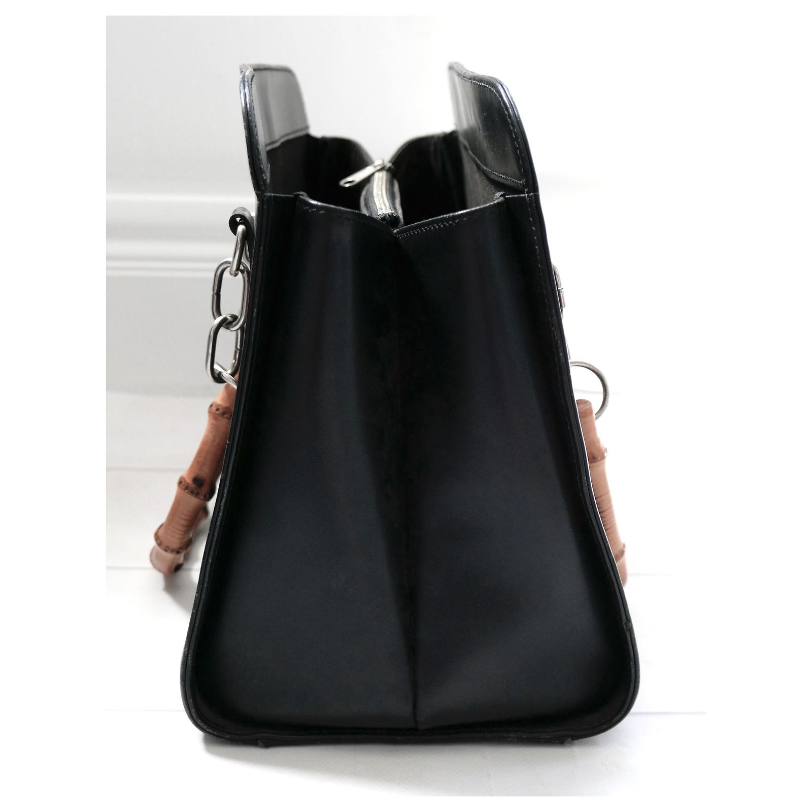 Comme Des Garcons Bamboo Handle Tote Bag Black Leather ref 