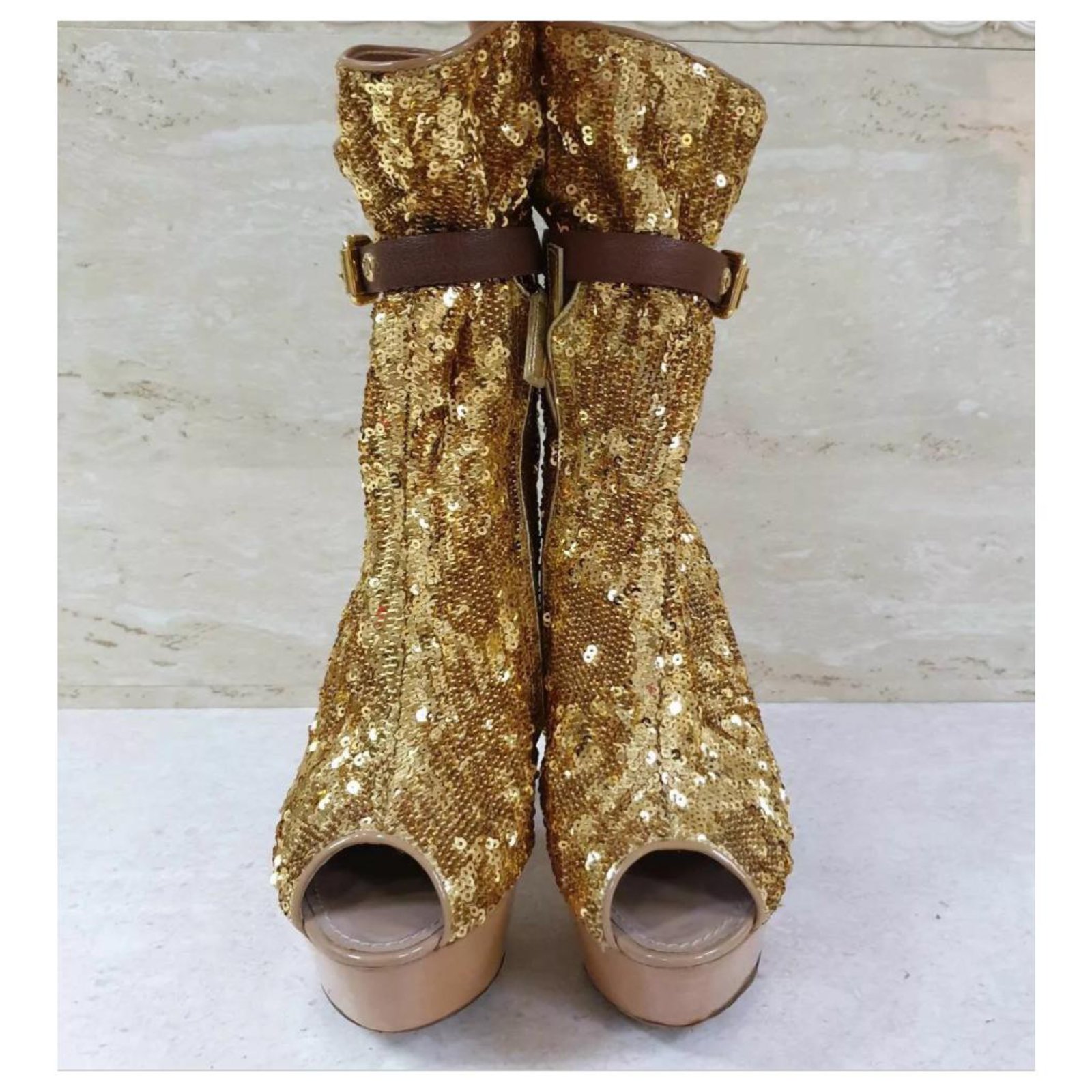 Louis Vuitton Gold Sequins Peep Toe Platform Ankle Boots Sz 38 Golden  Leather ref.206963 - Joli Closet