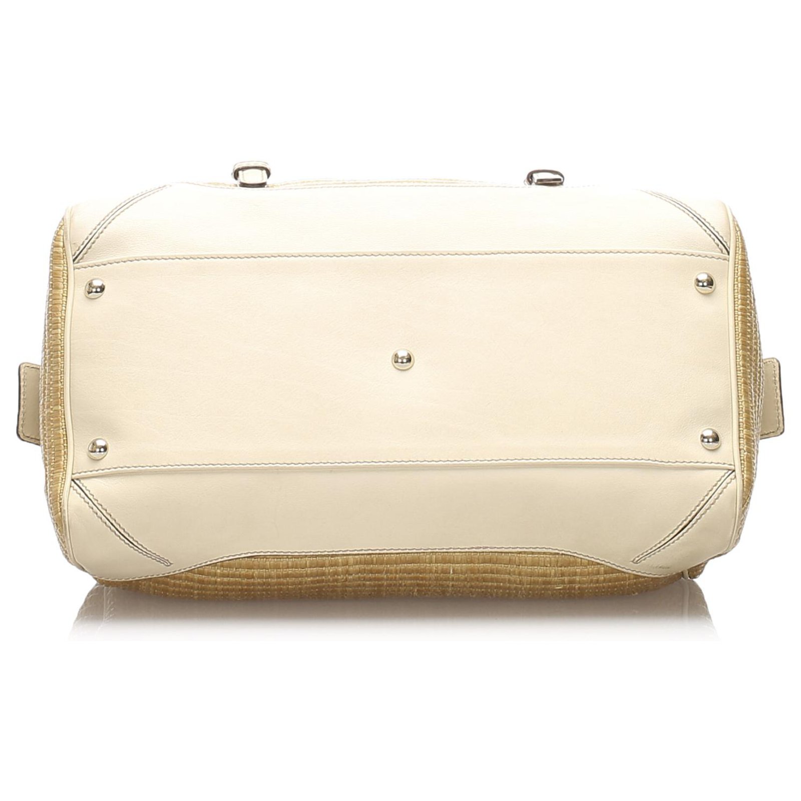 Gucci Brown Bamboo Straw Handbag White Beige Leather Pony-style