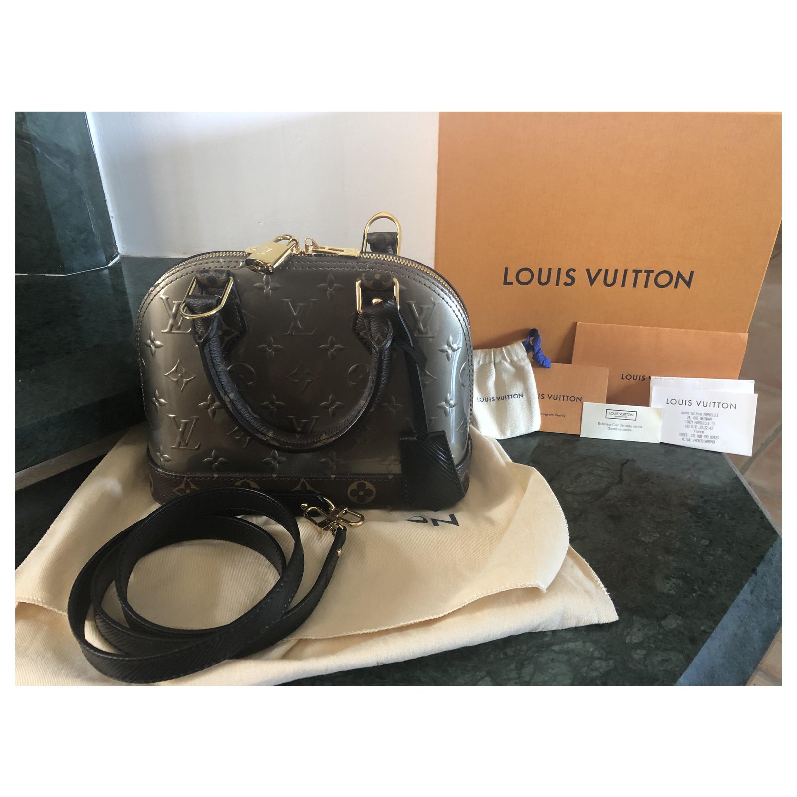 Louis Vuitton Alma BB Brown Black Silvery Leather Patent leather