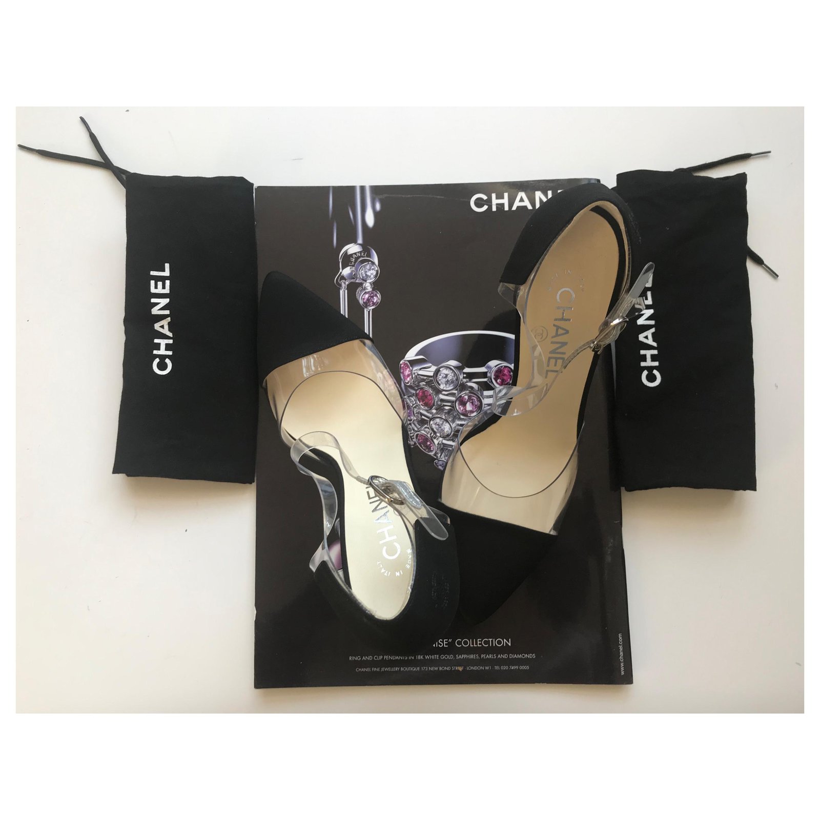 Chanel Black Crepe Transparent PVC Shoes Cloth Plastic ref.212402