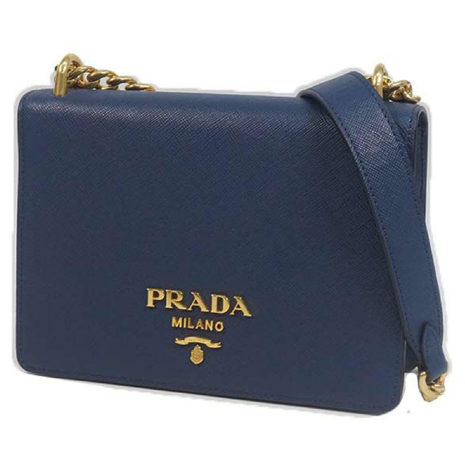 Prada cross body chain Saffiano Womens shoulder bag 1BD133 blue x gold
