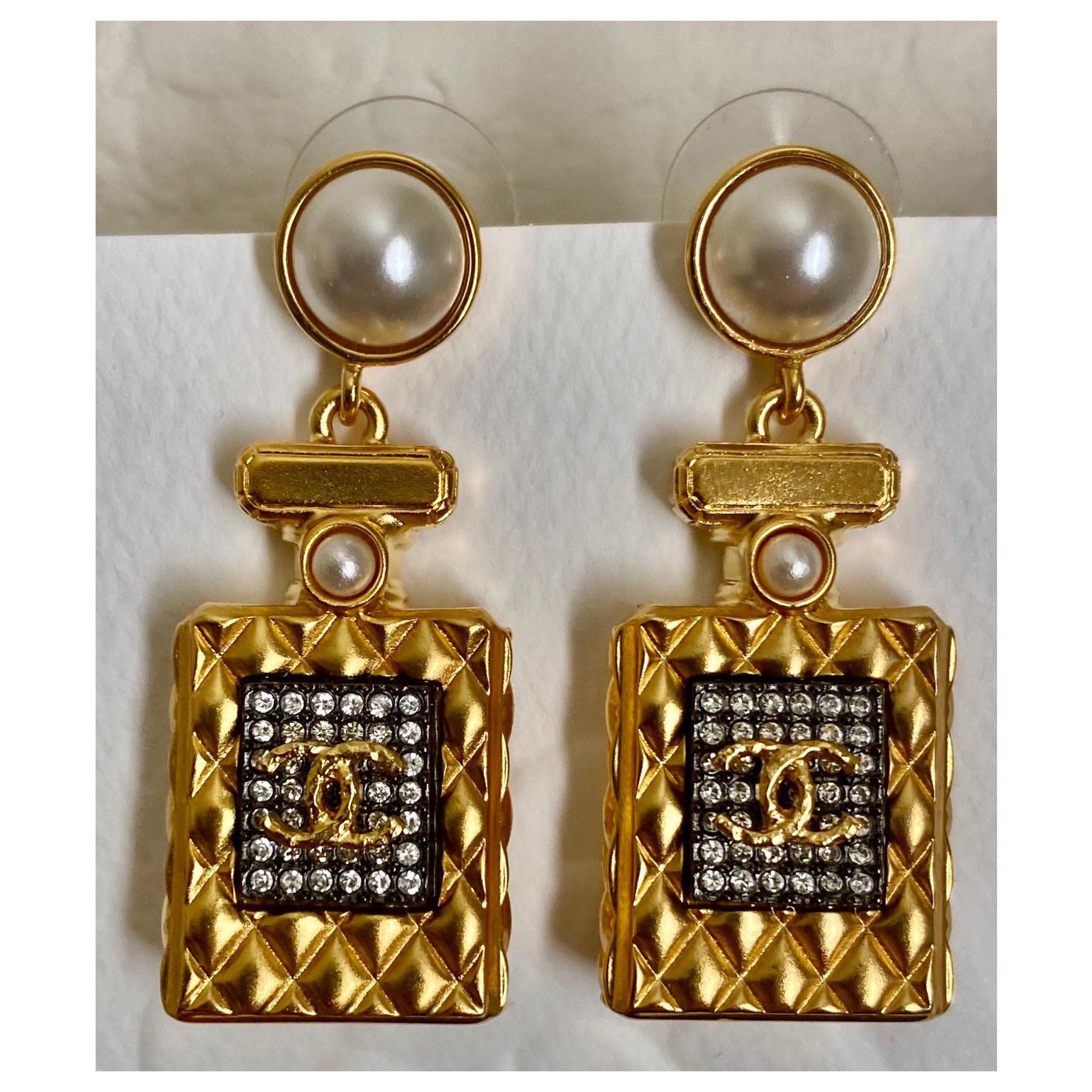 Chanel 22 CC Pearly White Gold Tone Perfume Bottle Drop Earrings  The  Millionaires Closet