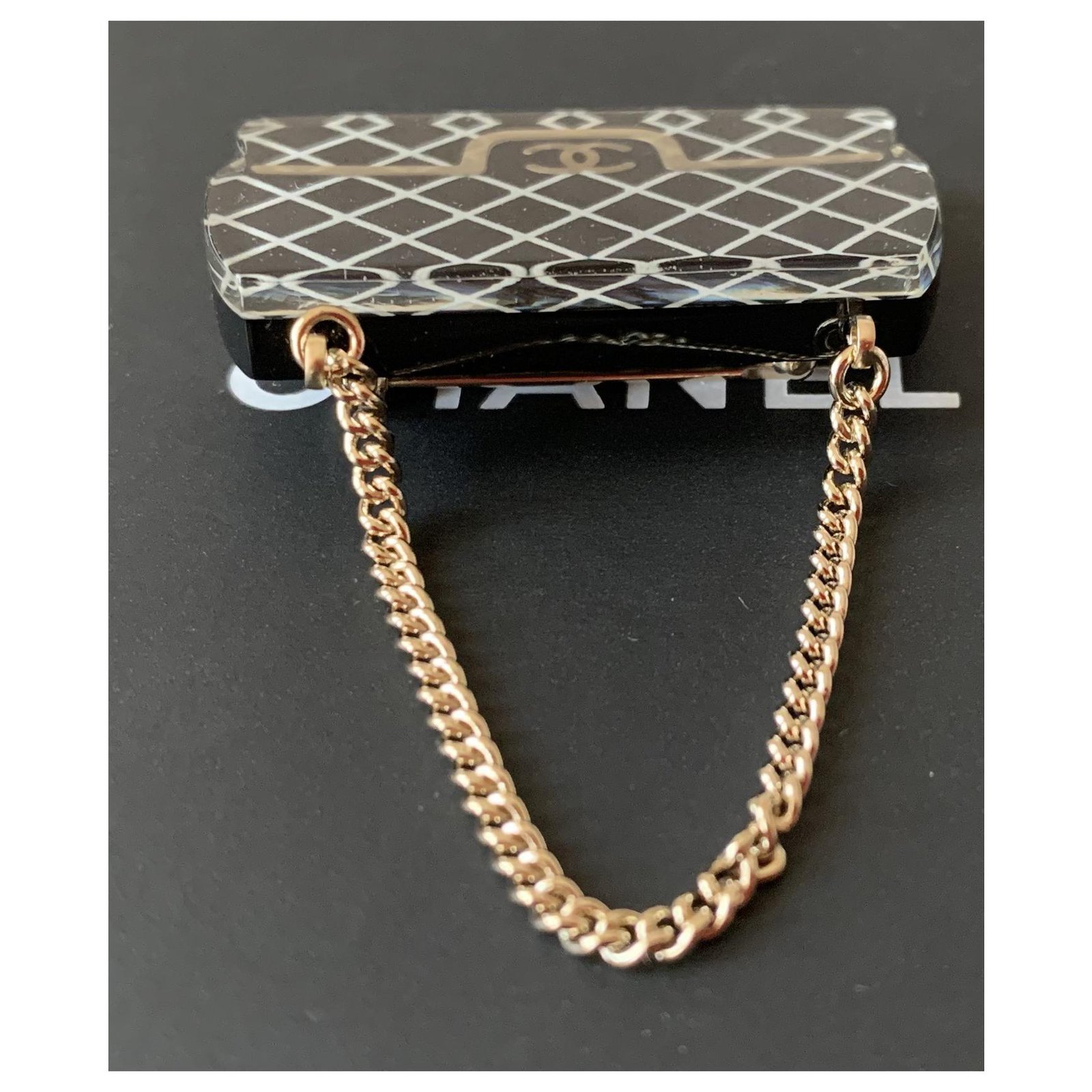 Chanel Black/white/gold Resin Classic Flap Bag Brooch Pin