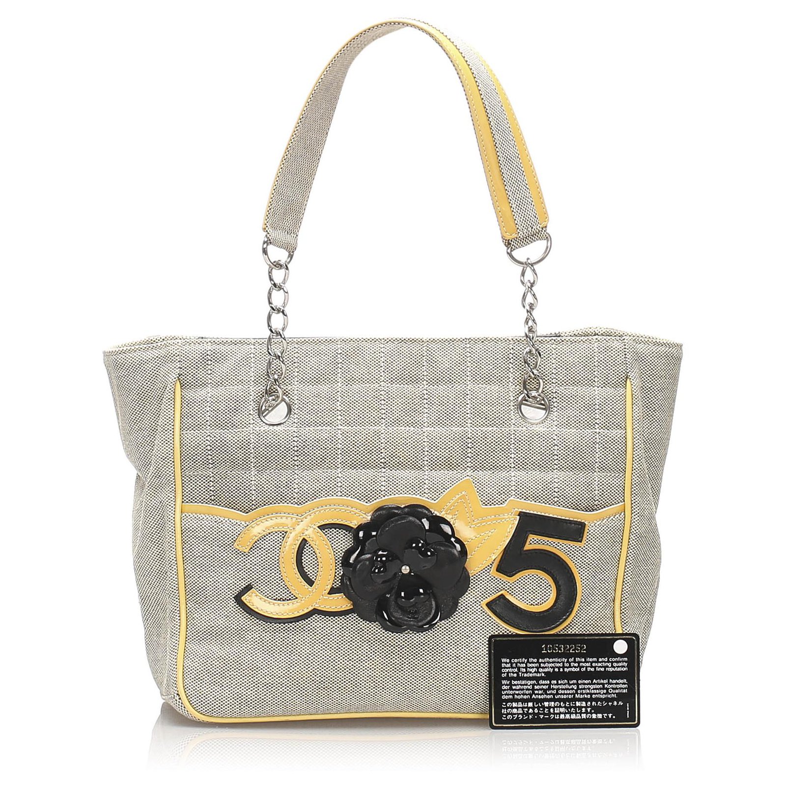 Chanel Gray Camellia CC No 5 Tote bag Grey Yellow Leather