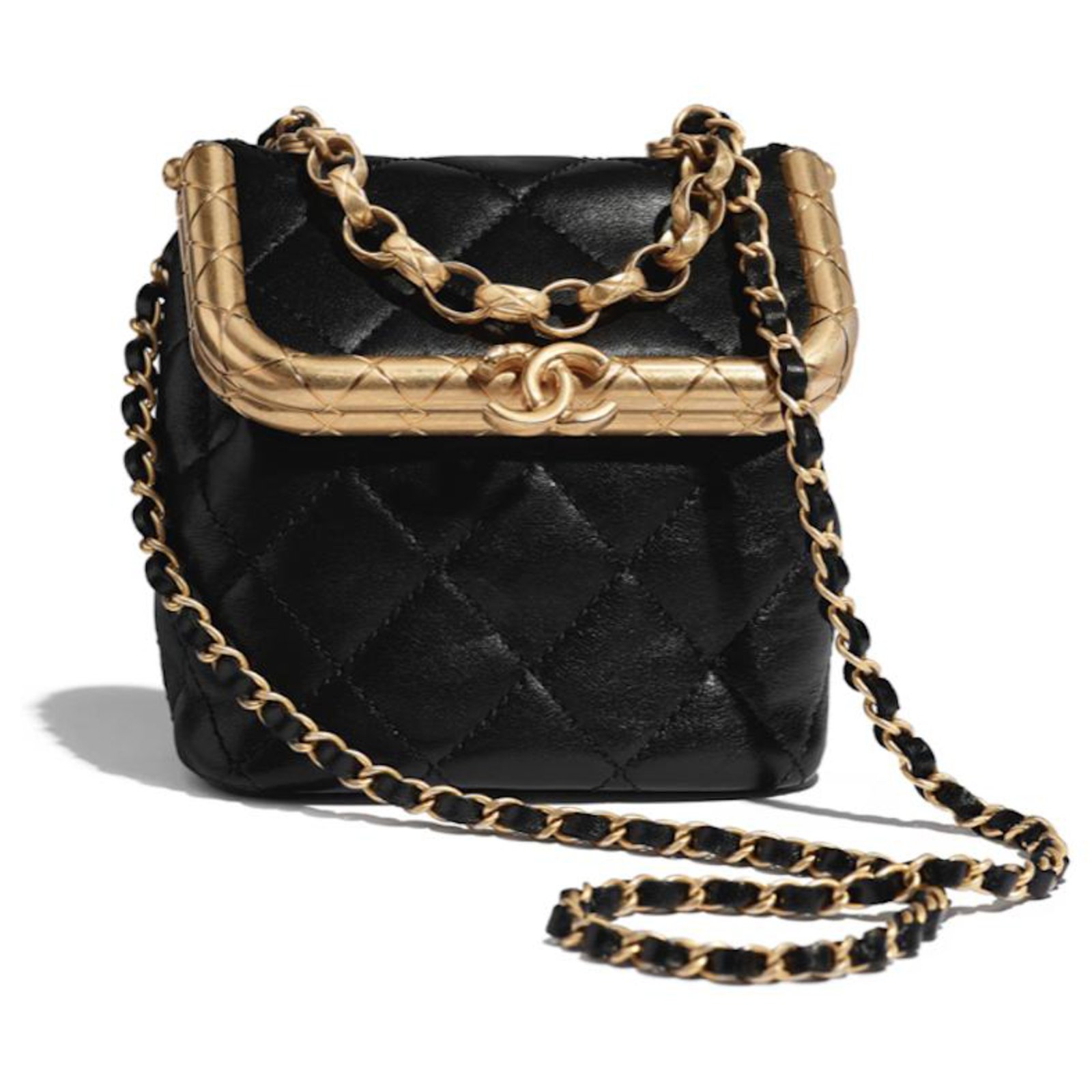 Chanel Black Small Kiss-Lock Lambskin Bag Gold-Tone Metal Leather  ref.215775 - Joli Closet