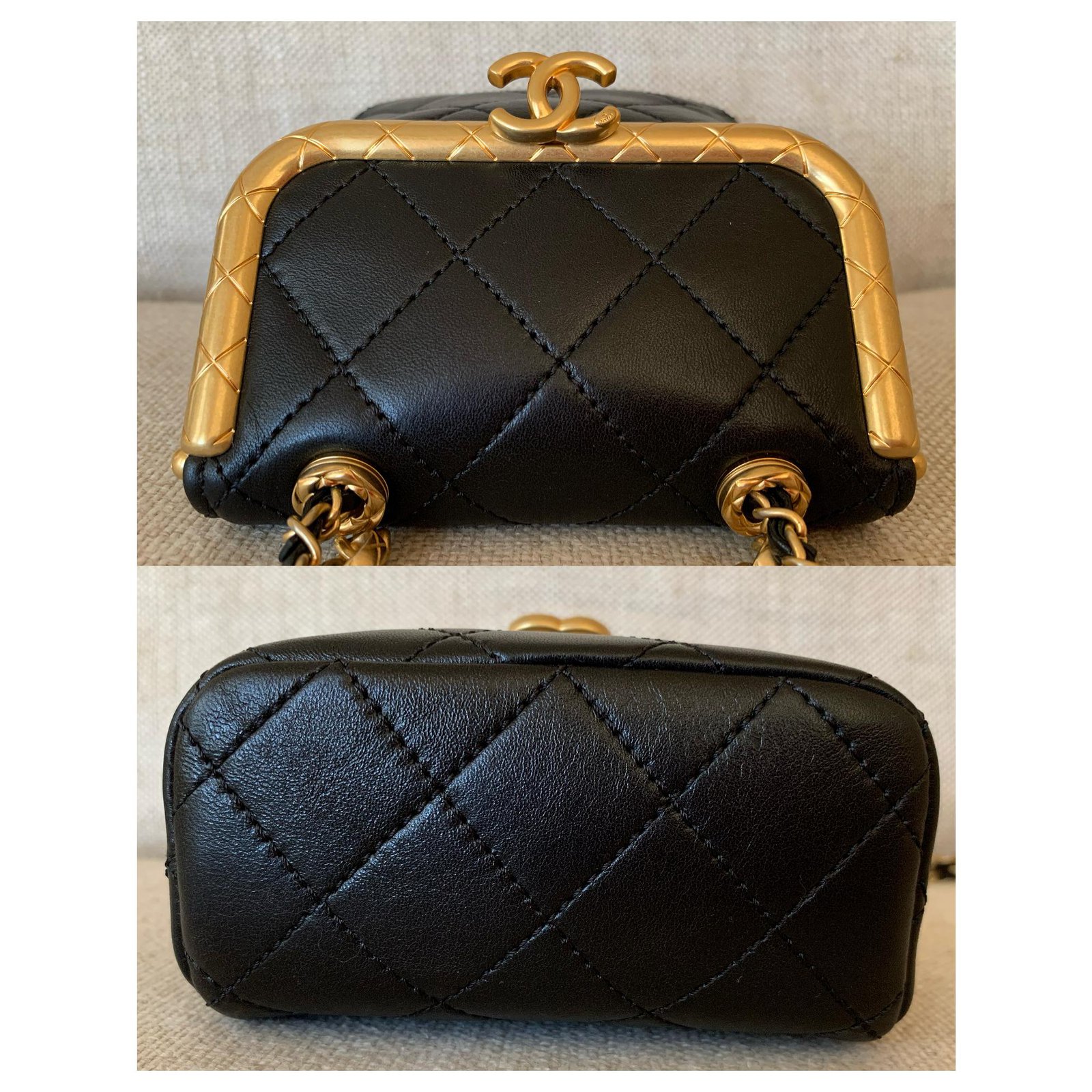 Chanel Black Small Kiss-Lock Lambskin Bag Gold-Tone Metal Leather ref ...