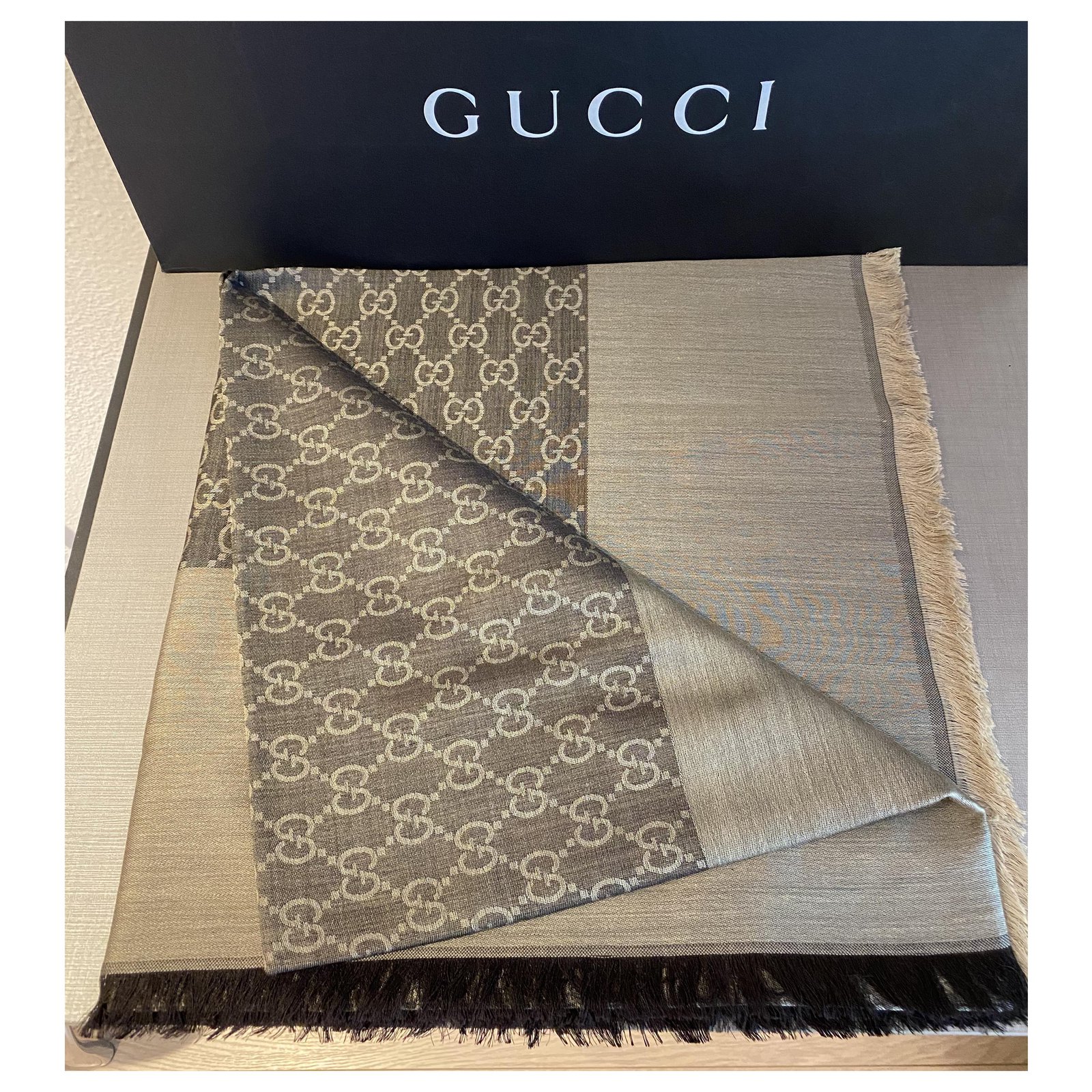Gucci // Beige Wool & Silk GG Monogram Half Web Scarf – VSP
