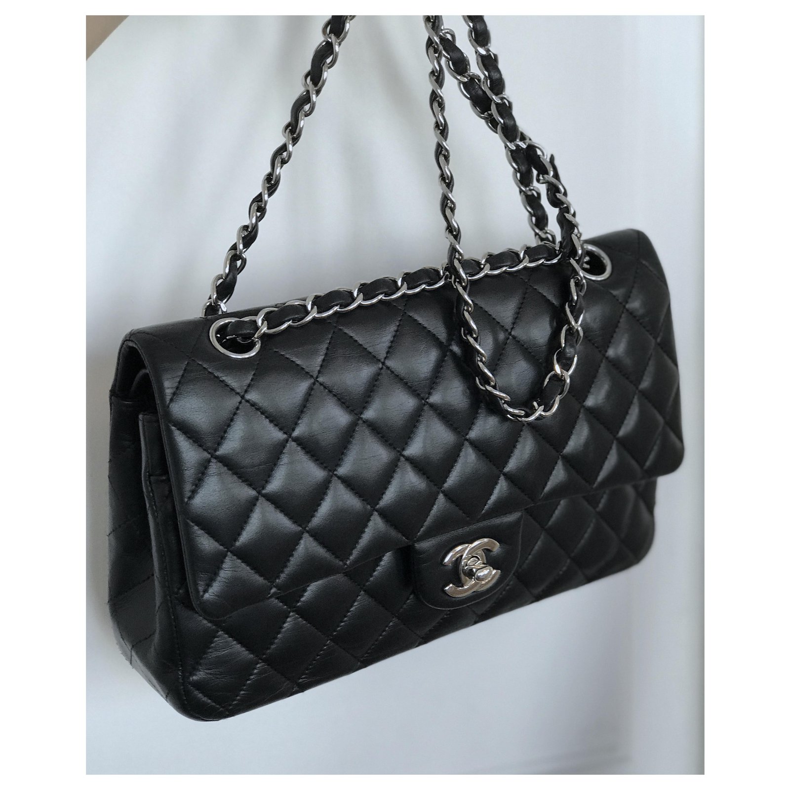 Chanel Black Lambskin Leather Medium Double Classic Flap Bag