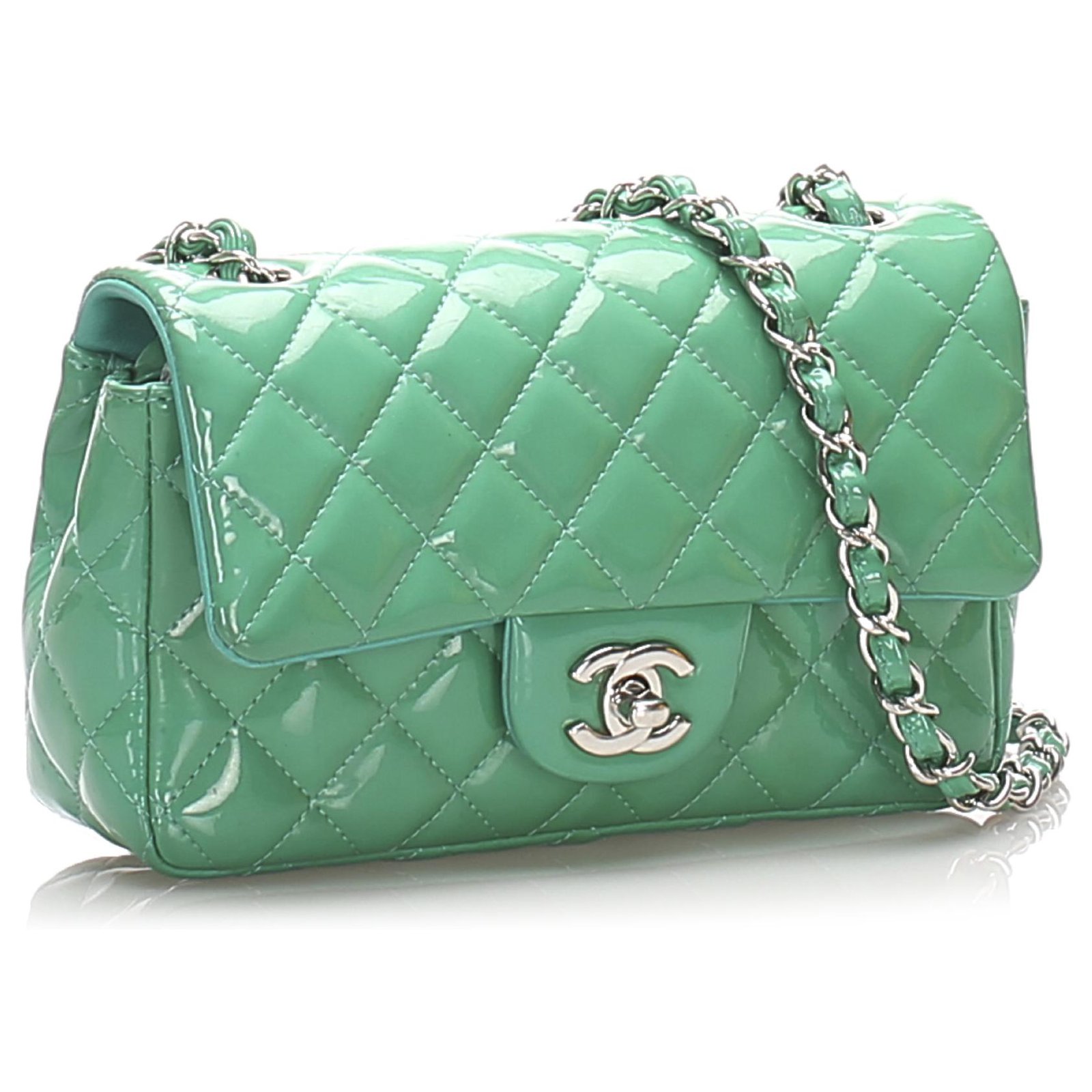Chanel Green Classic New Mini Patent Leather Flap Bag
