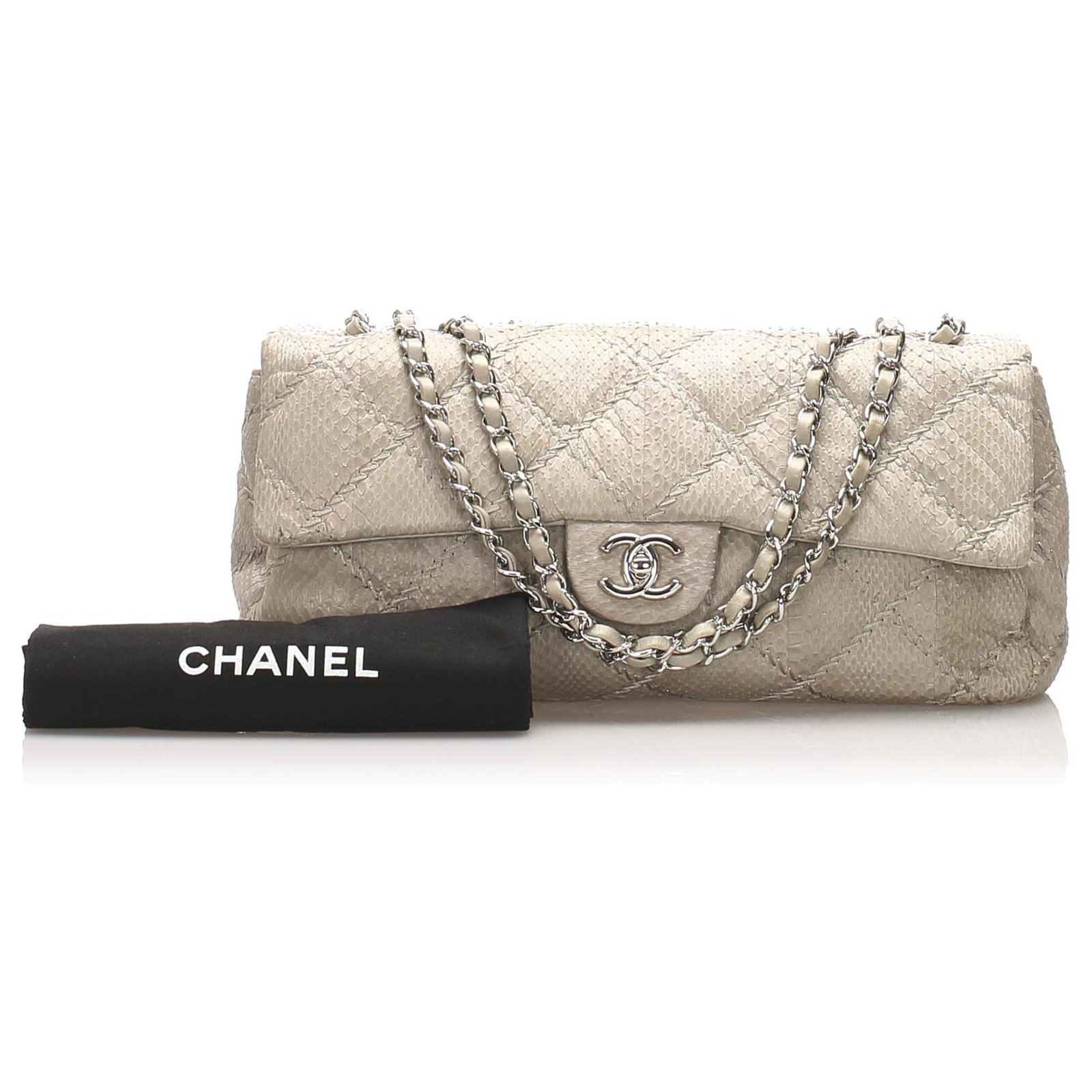 Chanel White Classic East West Ultra Stitch Snake Skin Single Flap
