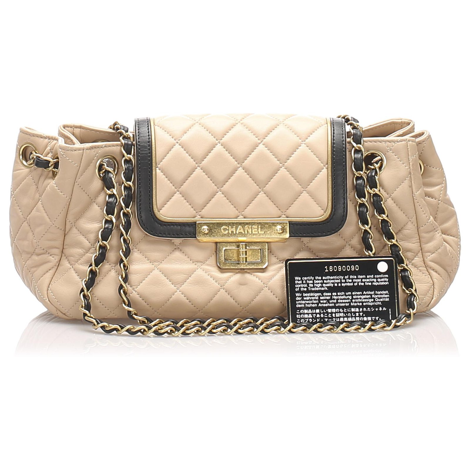 Authentic Chanel Accordion Small Shoulder Bag I Black & Beige Chocolate Bar  Leather I Excellent