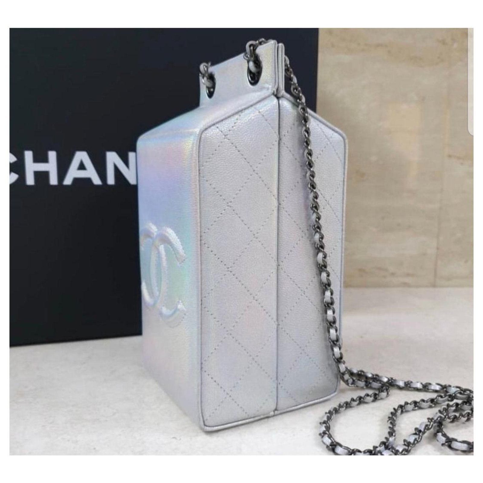 Chanel Lait De Coco Milk Carton Iridescent Silver Leather Cross Body Bag  Silvery Multiple colors ref.220057 - Joli Closet