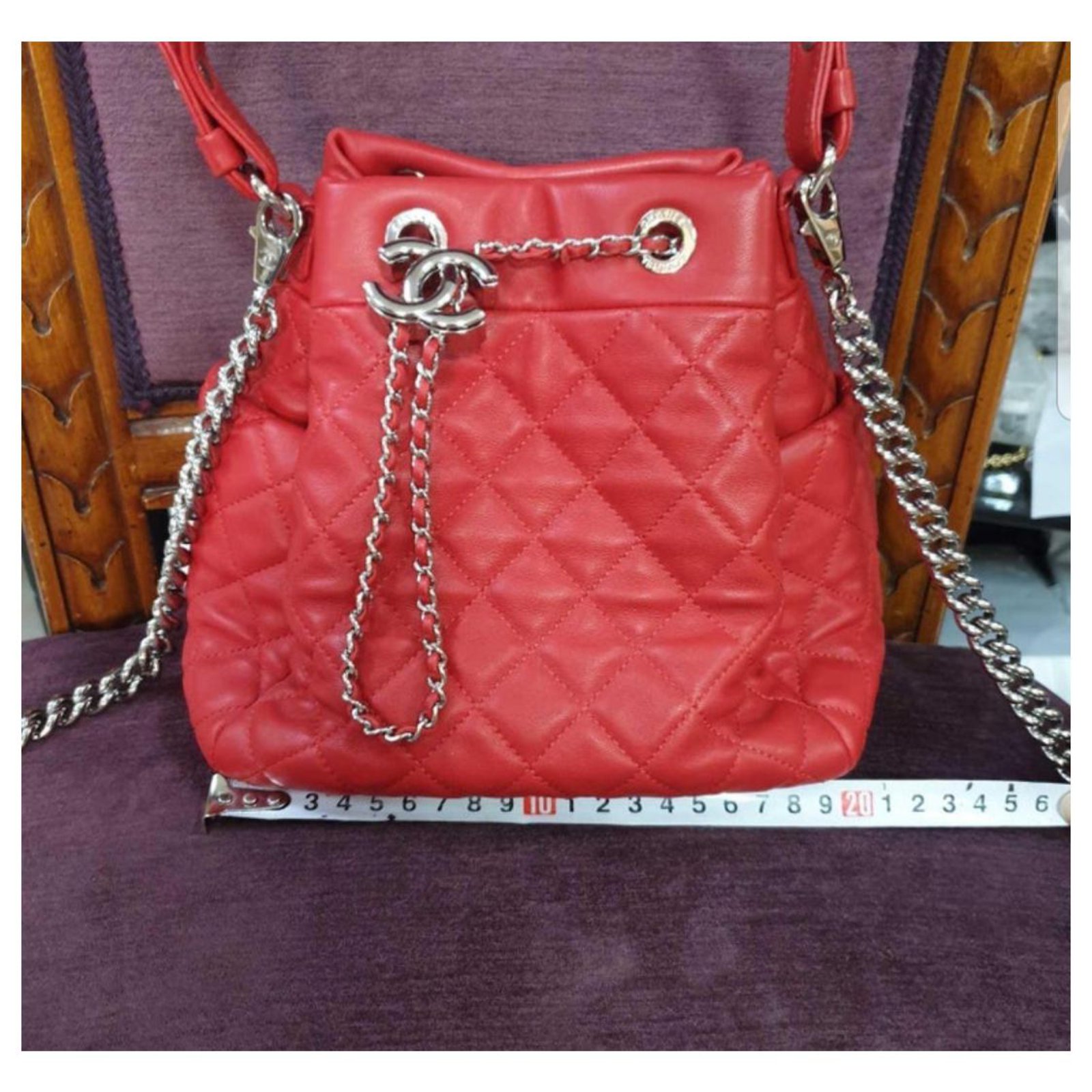 Chanel Red Quilted Suede Mini Drawstring Crossbody Pouch Bucket