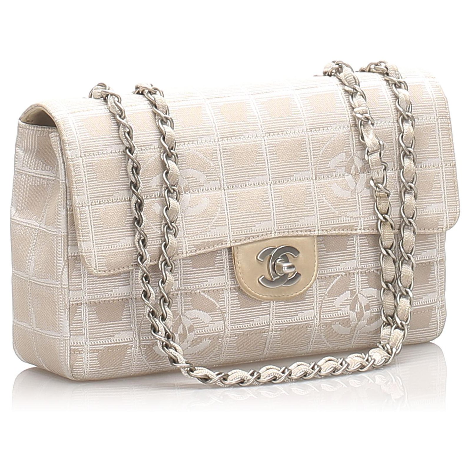 Chanel Brown New Travel Line Nylon Single Flap Bag Beige Cloth ref