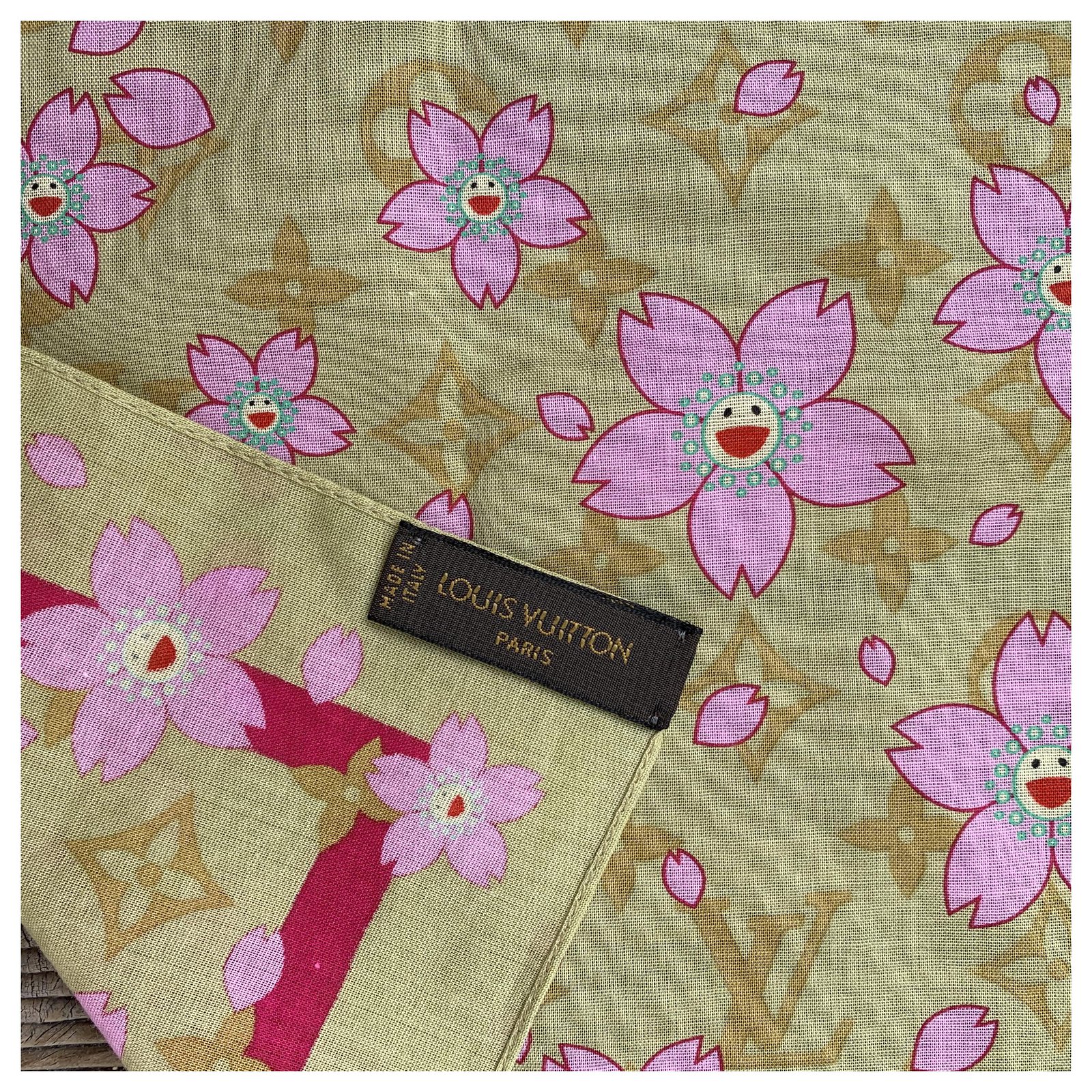 Louis Vuitton Cotton Cherry Blossom Square Scarf Yellow