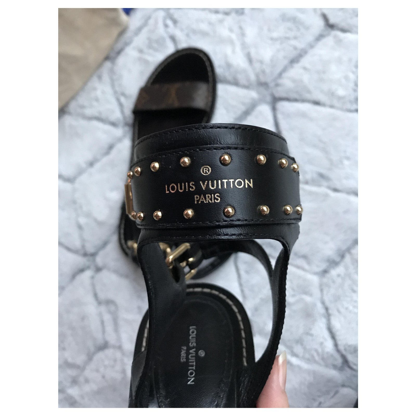 Louis Vuitton Gladiator Sandals Low Heel Black Brown LV Logo US6.5 EU36.5