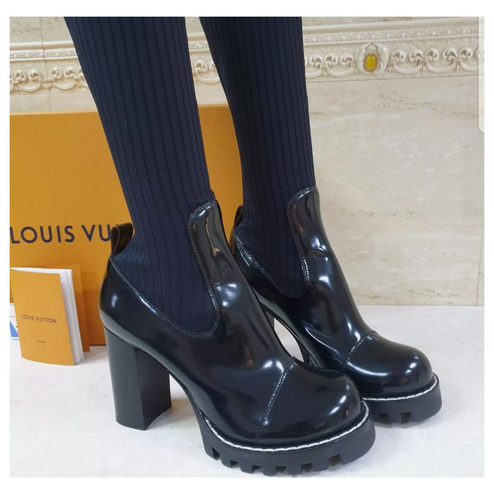 Louis Vuitton Patent Leather Knit Over Knee Boots Sz. 38,5 Black