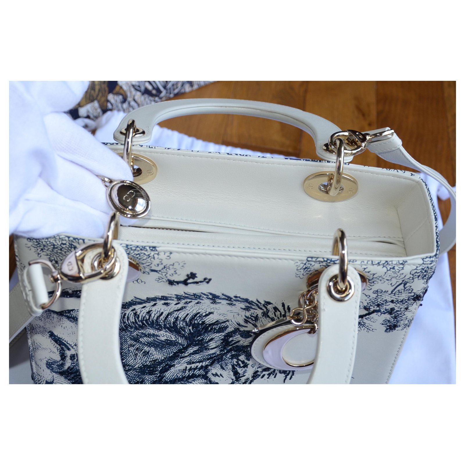 Christian Dior Lady Dior bag with Toile de Jouy motif White Golden