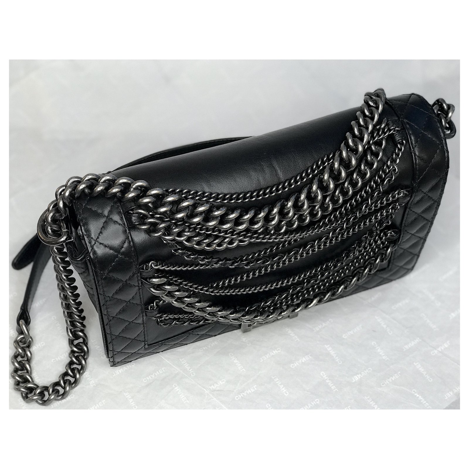 Chanel Black Smooth Lambskin Leather Multi Chains Large Boy Bag