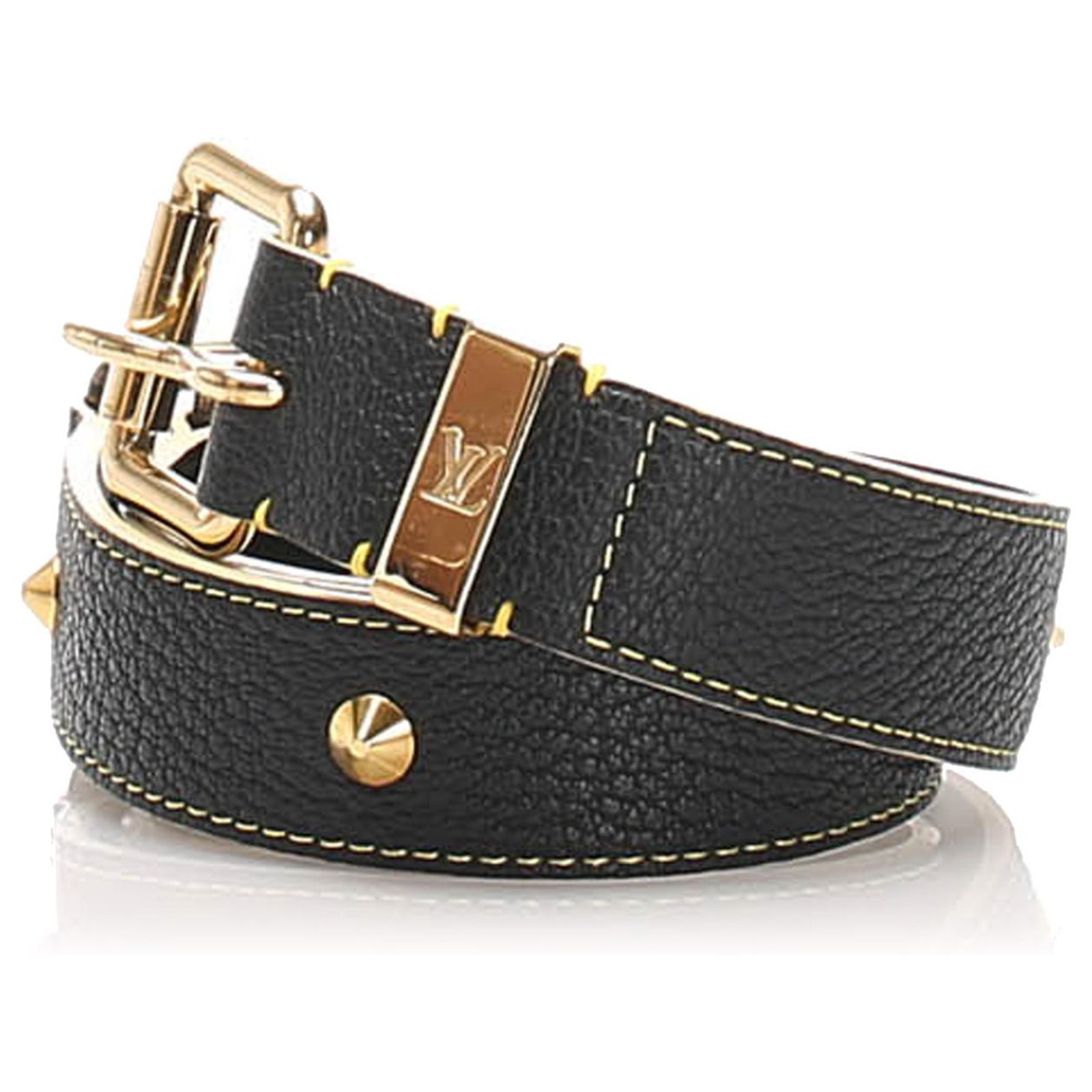 Louis Vuitton Black Studded Suhali Belt Golden Leather Metal