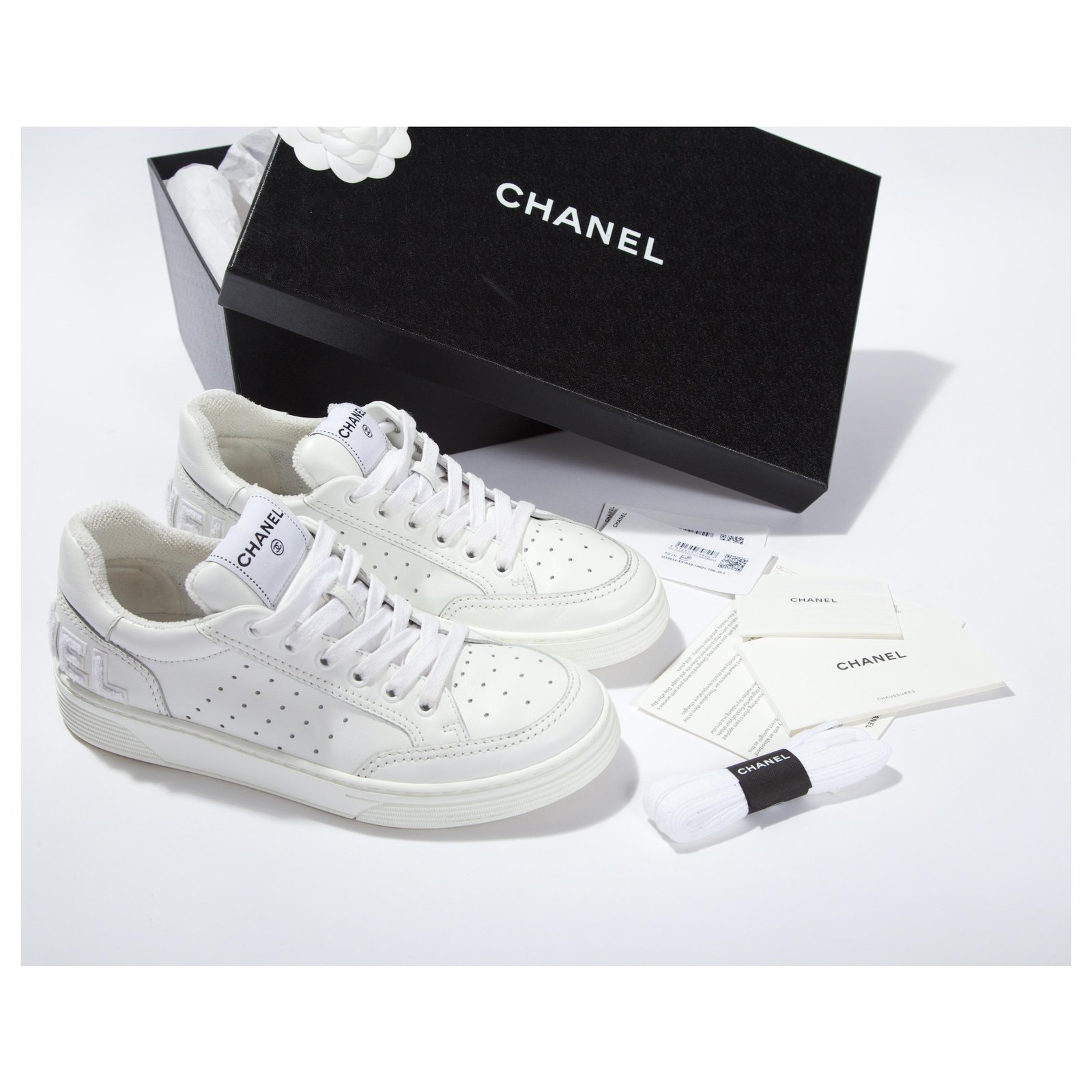 Chanel Shoe Size 46 Box Incl Black & White Leather Logo Lace-Up Trainer Sneakers